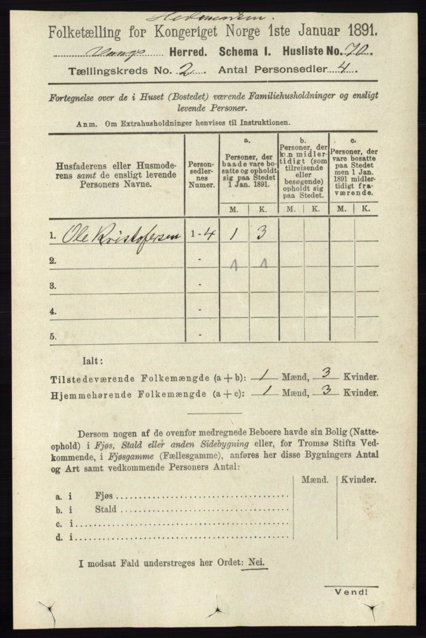 RA, 1891 census for 0414 Vang, 1891, p. 1001