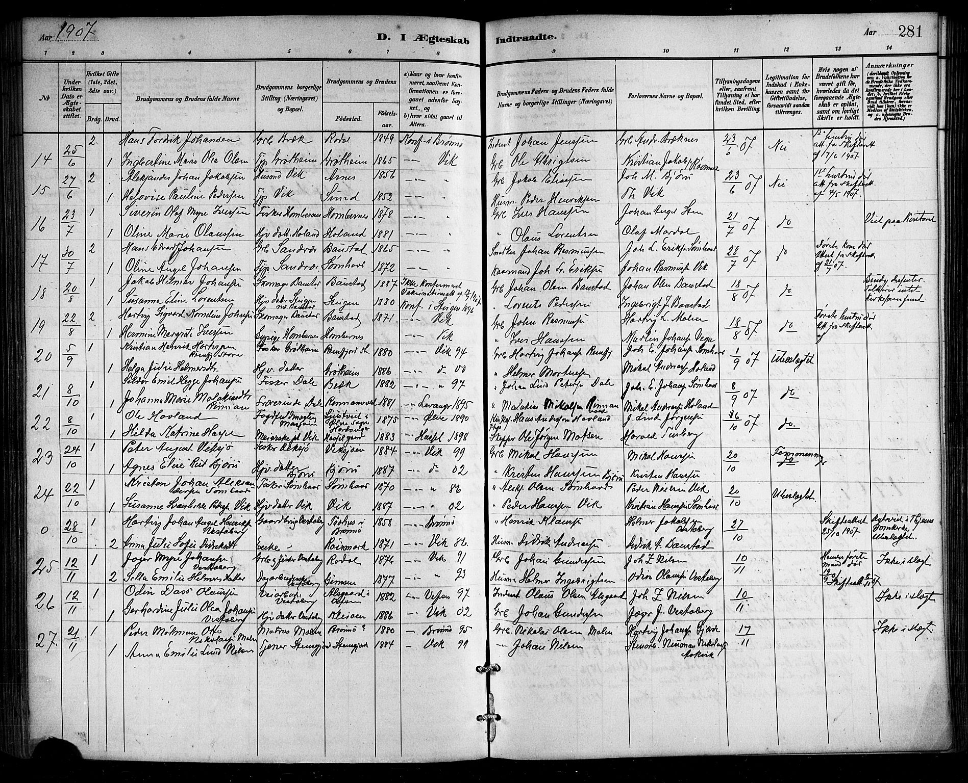 Ministerialprotokoller, klokkerbøker og fødselsregistre - Nordland, SAT/A-1459/812/L0188: Parish register (copy) no. 812C06, 1884-1912, p. 281