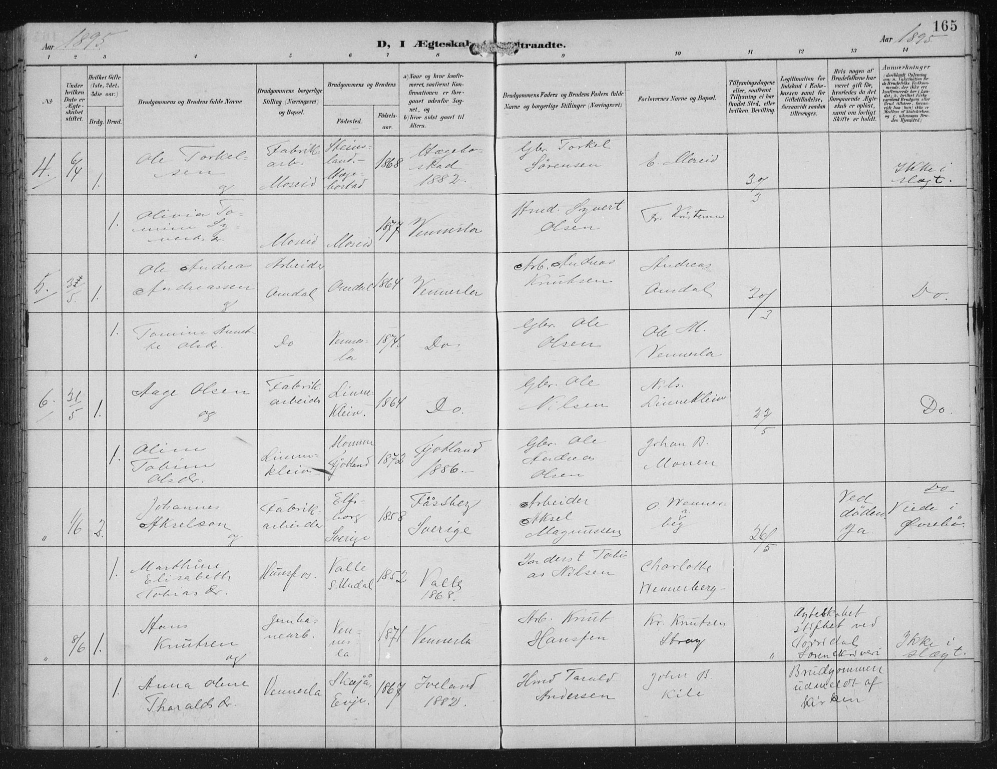 Vennesla sokneprestkontor, AV/SAK-1111-0045/Fb/Fbb/L0004: Parish register (copy) no. B 4, 1893-1902, p. 165