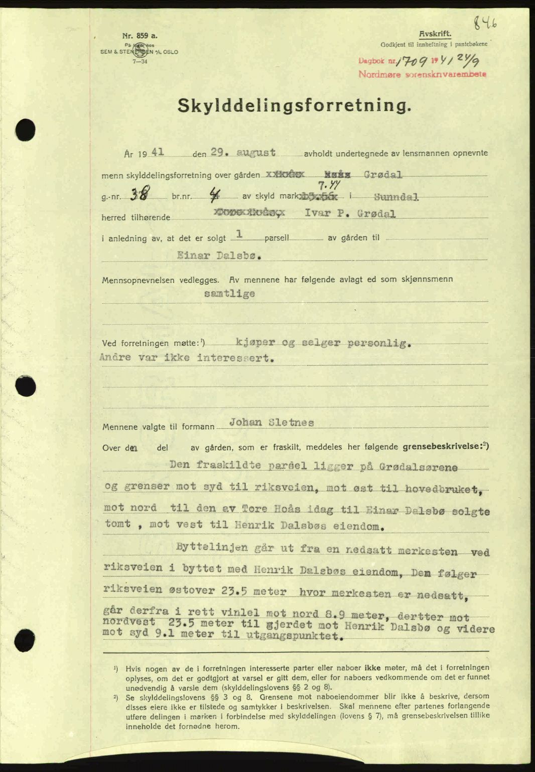 Nordmøre sorenskriveri, SAT/A-4132/1/2/2Ca: Mortgage book no. A90, 1941-1941, Diary no: : 1709/1941