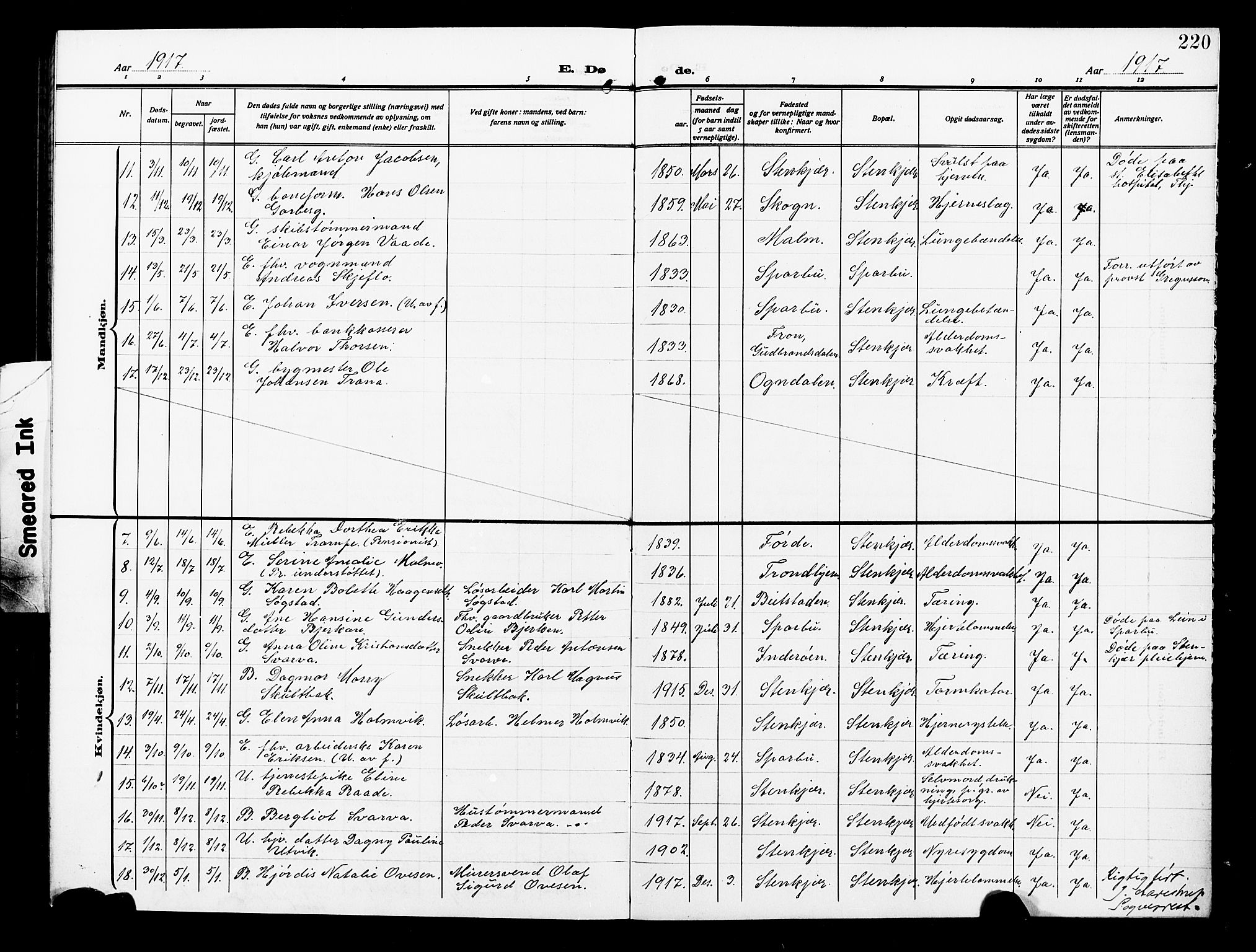 Ministerialprotokoller, klokkerbøker og fødselsregistre - Nord-Trøndelag, SAT/A-1458/739/L0376: Parish register (copy) no. 739C04, 1908-1917, p. 220
