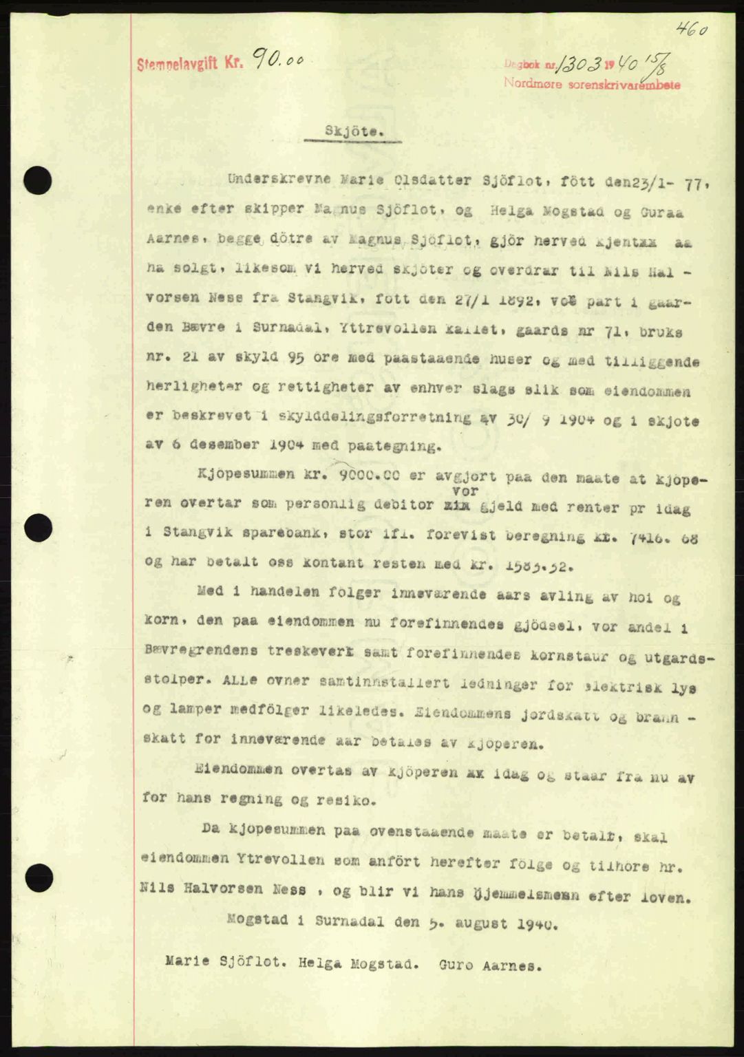 Nordmøre sorenskriveri, AV/SAT-A-4132/1/2/2Ca: Mortgage book no. A88, 1940-1940, Diary no: : 1303/1940