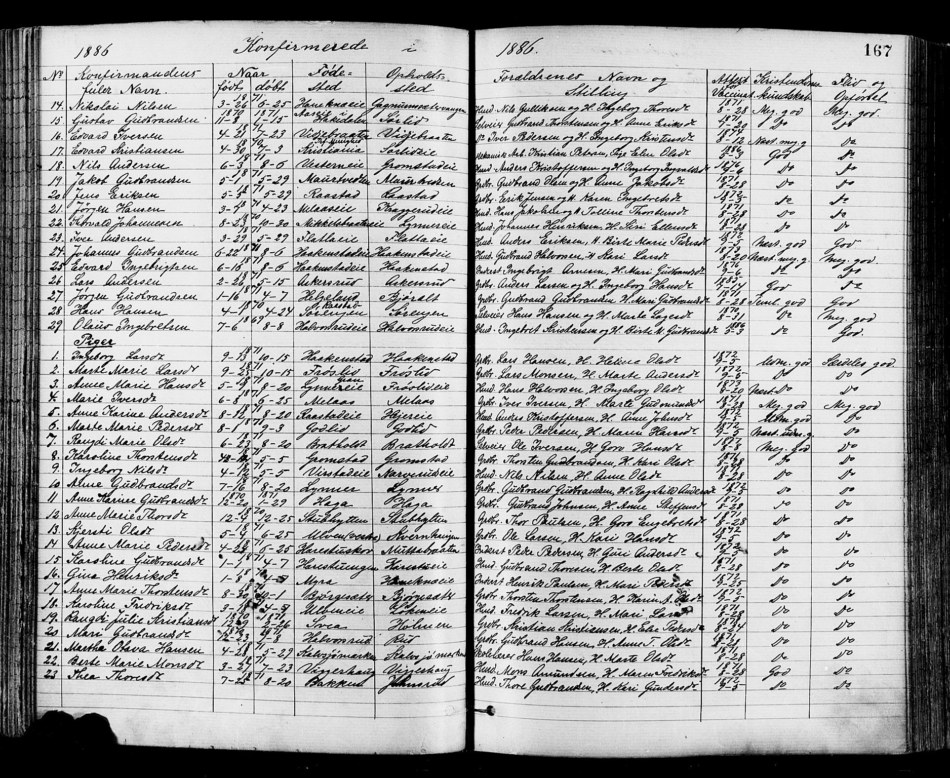 Jevnaker prestekontor, AV/SAH-PREST-116/H/Ha/Haa/L0008: Parish register (official) no. 8, 1877-1890, p. 167