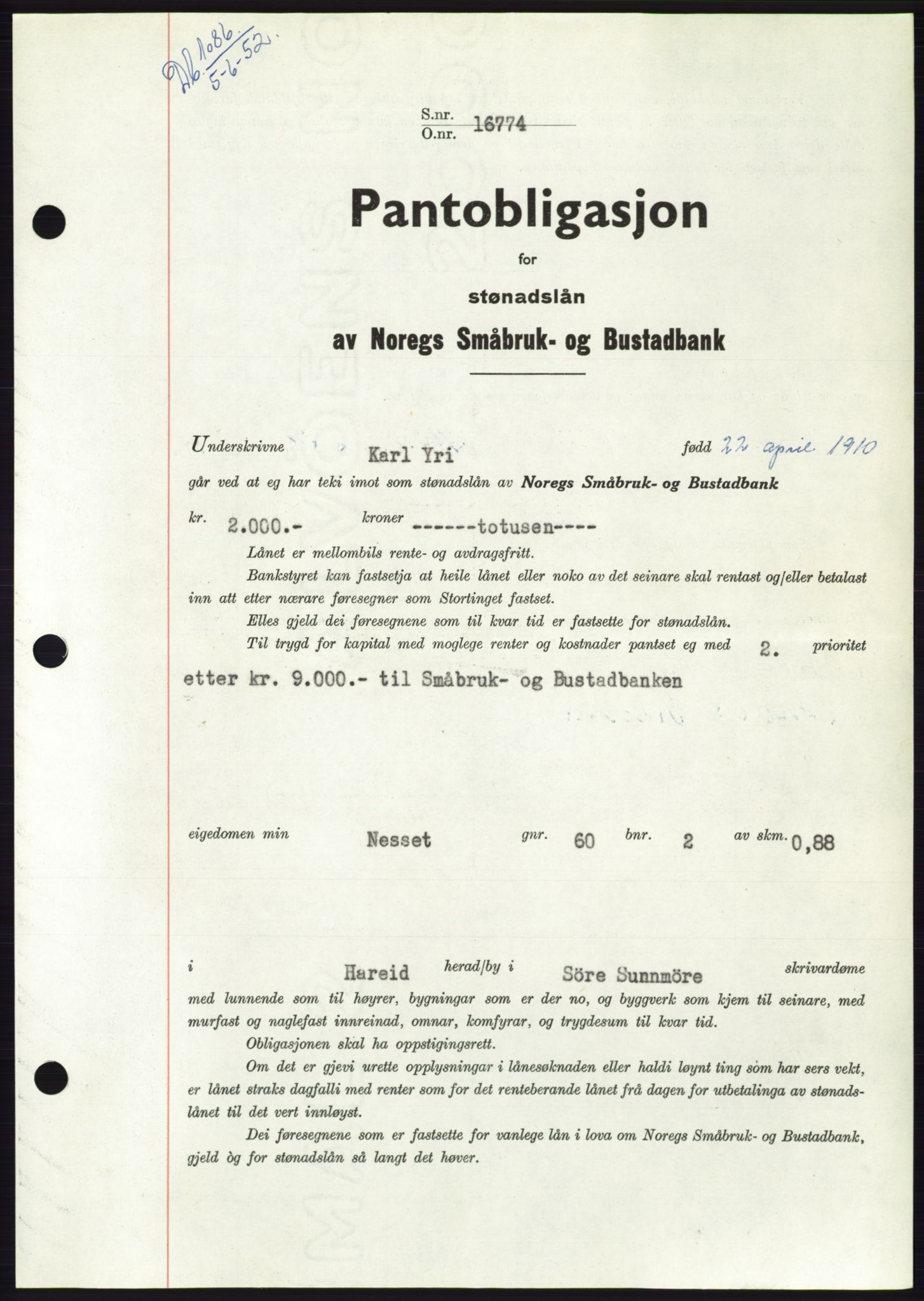 Søre Sunnmøre sorenskriveri, AV/SAT-A-4122/1/2/2C/L0121: Mortgage book no. 9B, 1951-1952, Diary no: : 1086/1952