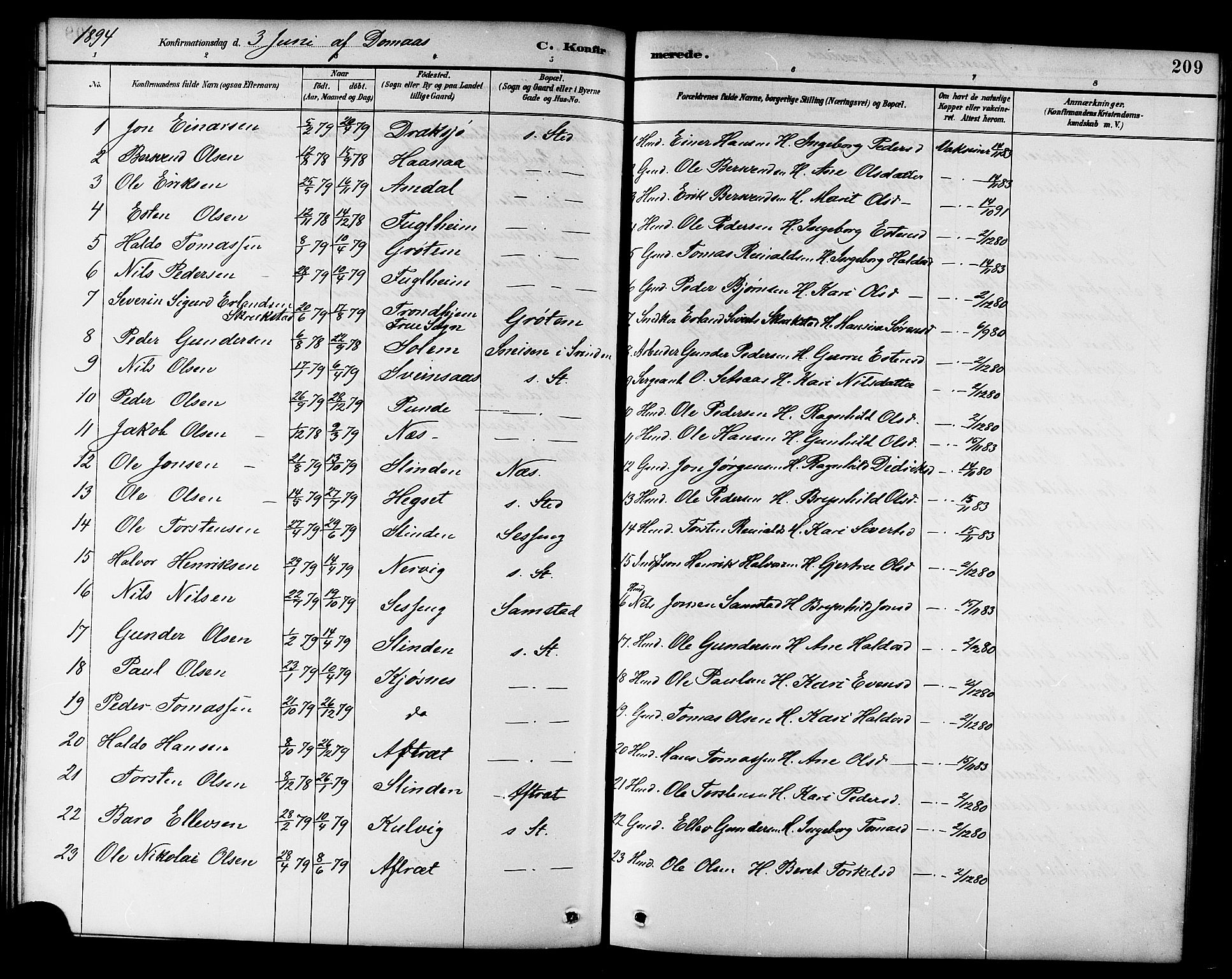 Ministerialprotokoller, klokkerbøker og fødselsregistre - Sør-Trøndelag, AV/SAT-A-1456/695/L1157: Parish register (copy) no. 695C08, 1889-1913, p. 209