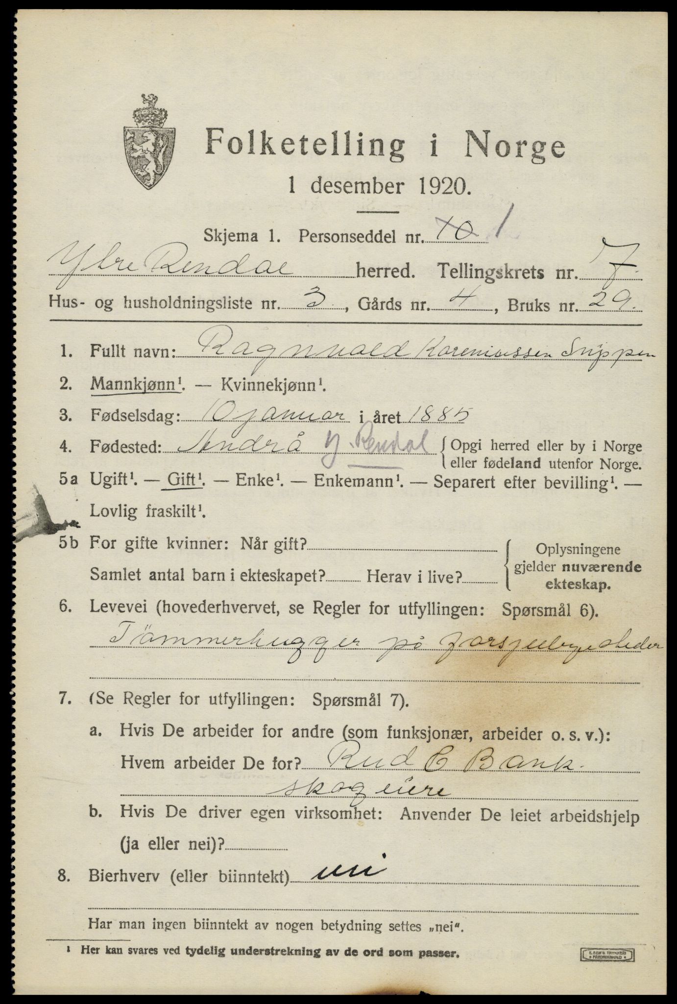 SAH, 1920 census for Ytre Rendal, 1920, p. 3661