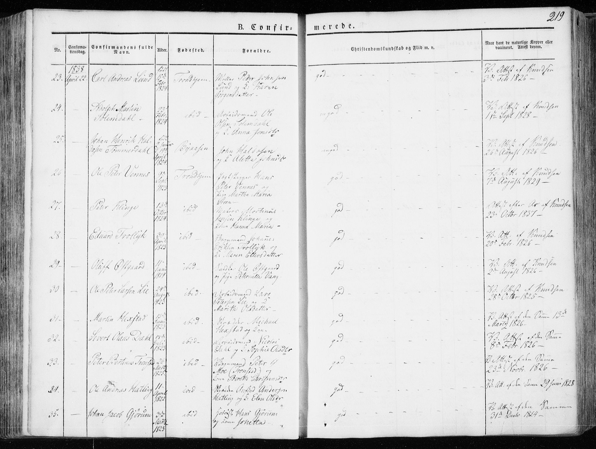 Ministerialprotokoller, klokkerbøker og fødselsregistre - Sør-Trøndelag, AV/SAT-A-1456/601/L0047: Parish register (official) no. 601A15, 1831-1839, p. 219