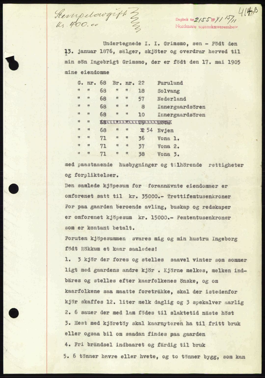 Nordmøre sorenskriveri, AV/SAT-A-4132/1/2/2Ca: Mortgage book no. A91, 1941-1942, Diary no: : 2155/1941