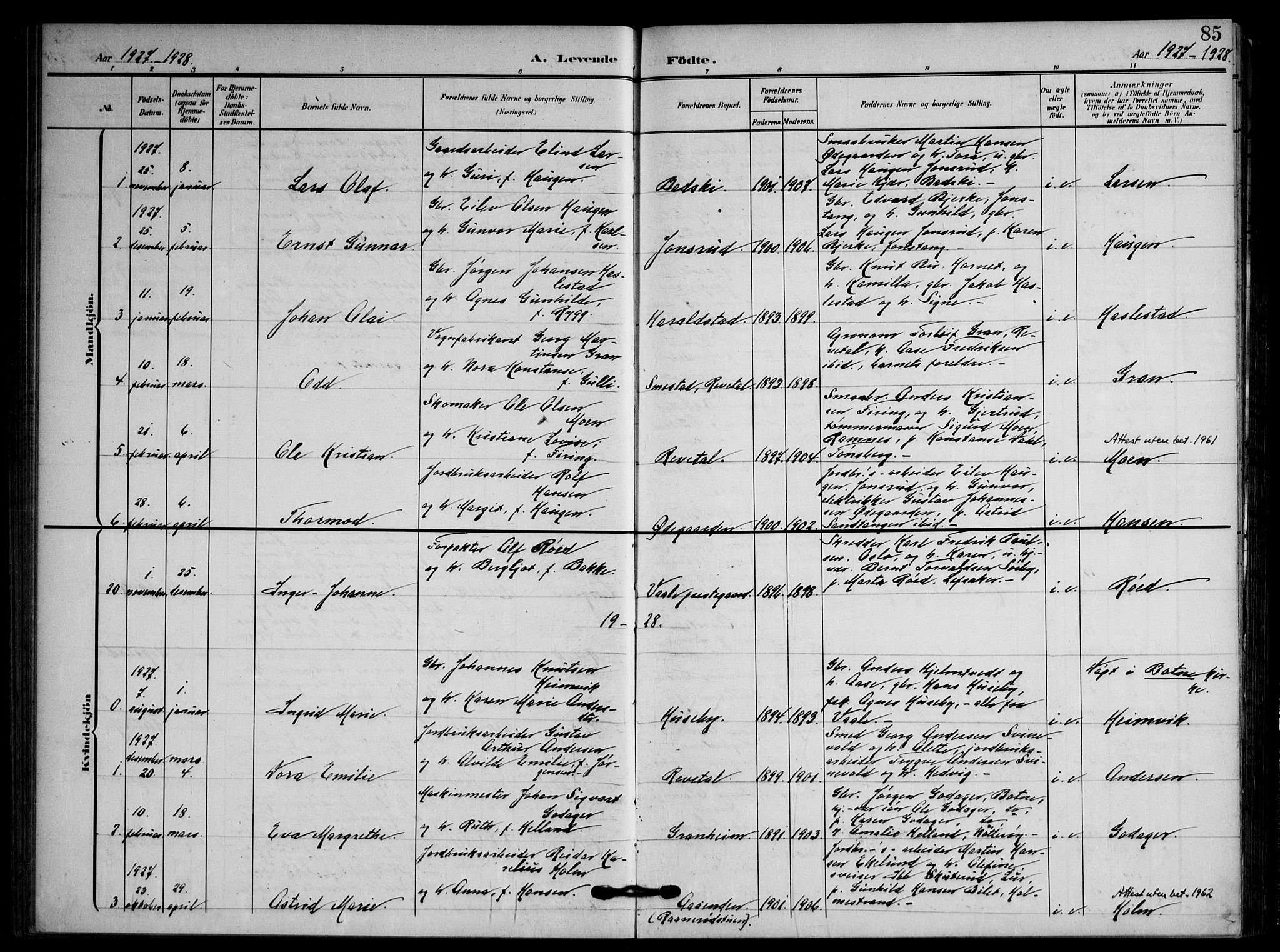 Våle kirkebøker, AV/SAKO-A-334/F/Fa/L0012: Parish register (official) no. I 12, 1907-1934, p. 85