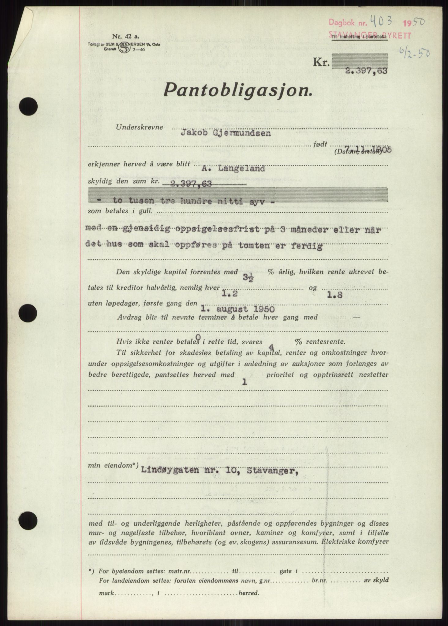 Stavanger byrett, SAST/A-100455/002/G/Gb/L0032: Mortgage book, 1947-1950, Diary no: : 403/1950