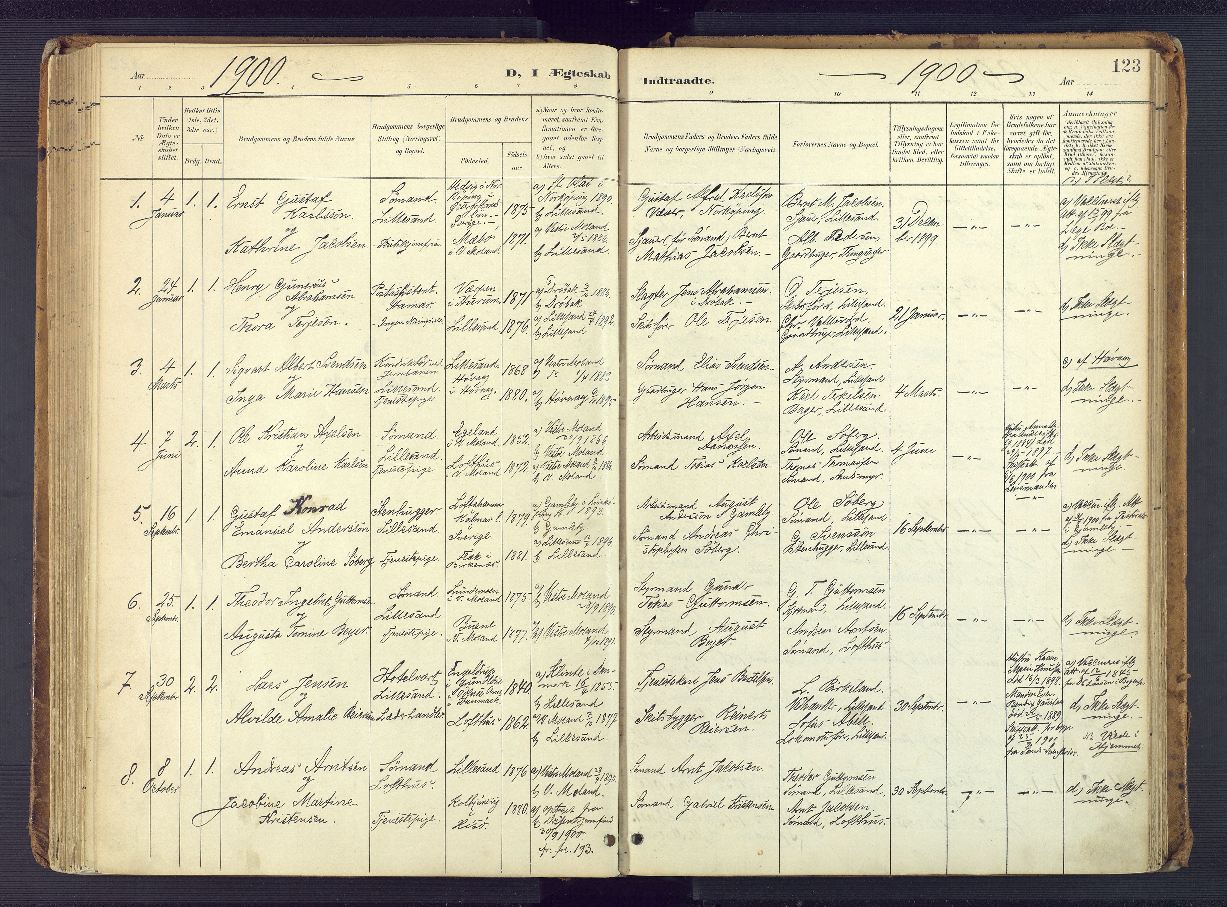 Vestre Moland sokneprestkontor, AV/SAK-1111-0046/F/Fa/Faa/L0002: Parish register (official) no. A 2, 1900-1926, p. 123