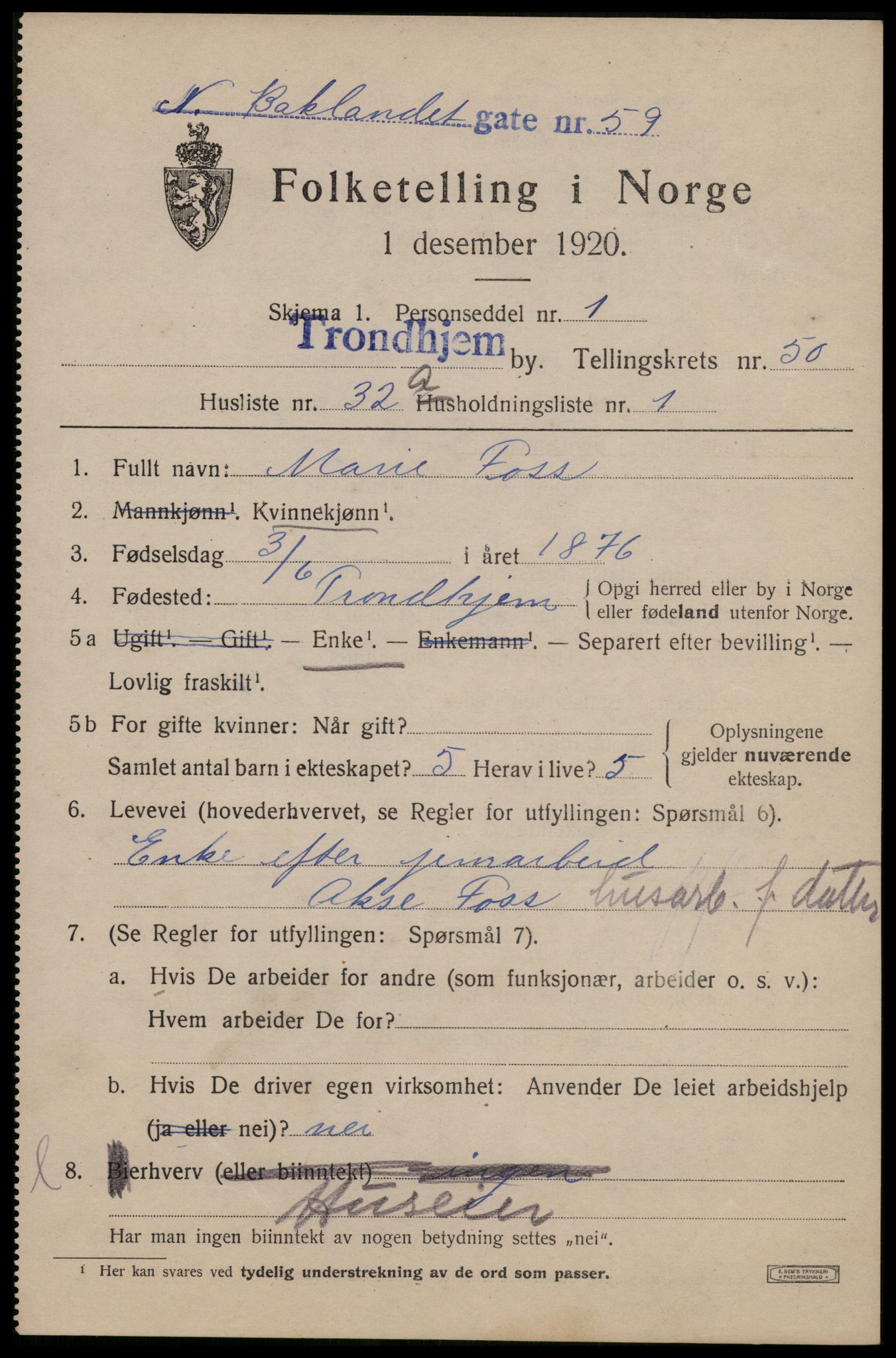 SAT, 1920 census for Trondheim, 1920, p. 104528