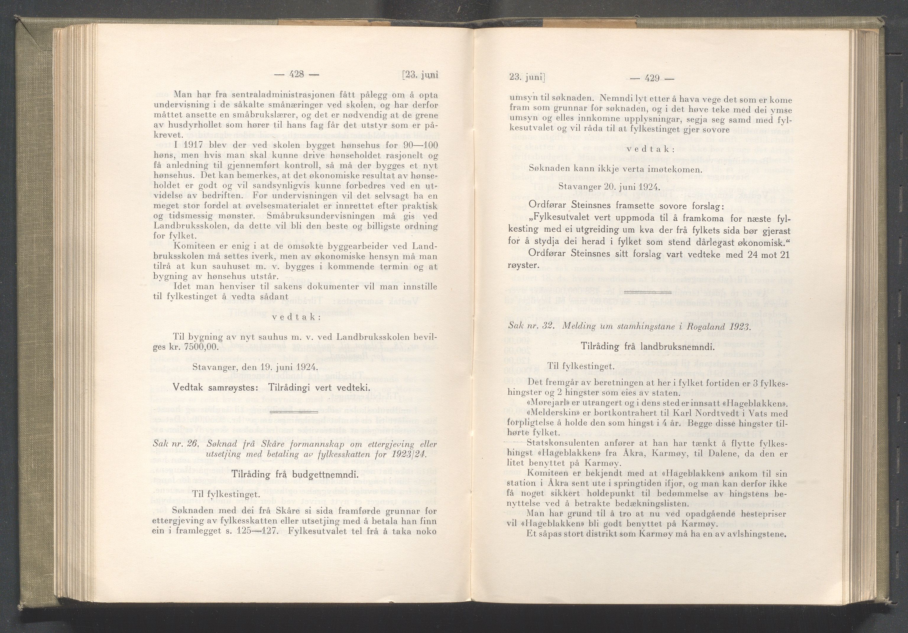 Rogaland fylkeskommune - Fylkesrådmannen , IKAR/A-900/A/Aa/Aaa/L0043: Møtebok , 1924, p. 428-429