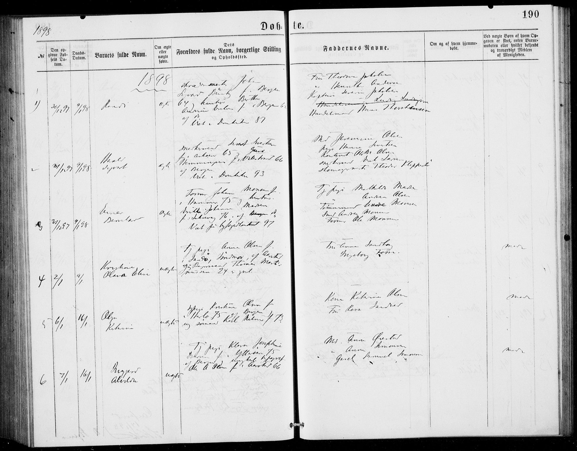 Fødselsstiftelsens sokneprestembete, ført av overlegen*, SAB/-: Parish register (official) no. A 2, 1884-1900, p. 190