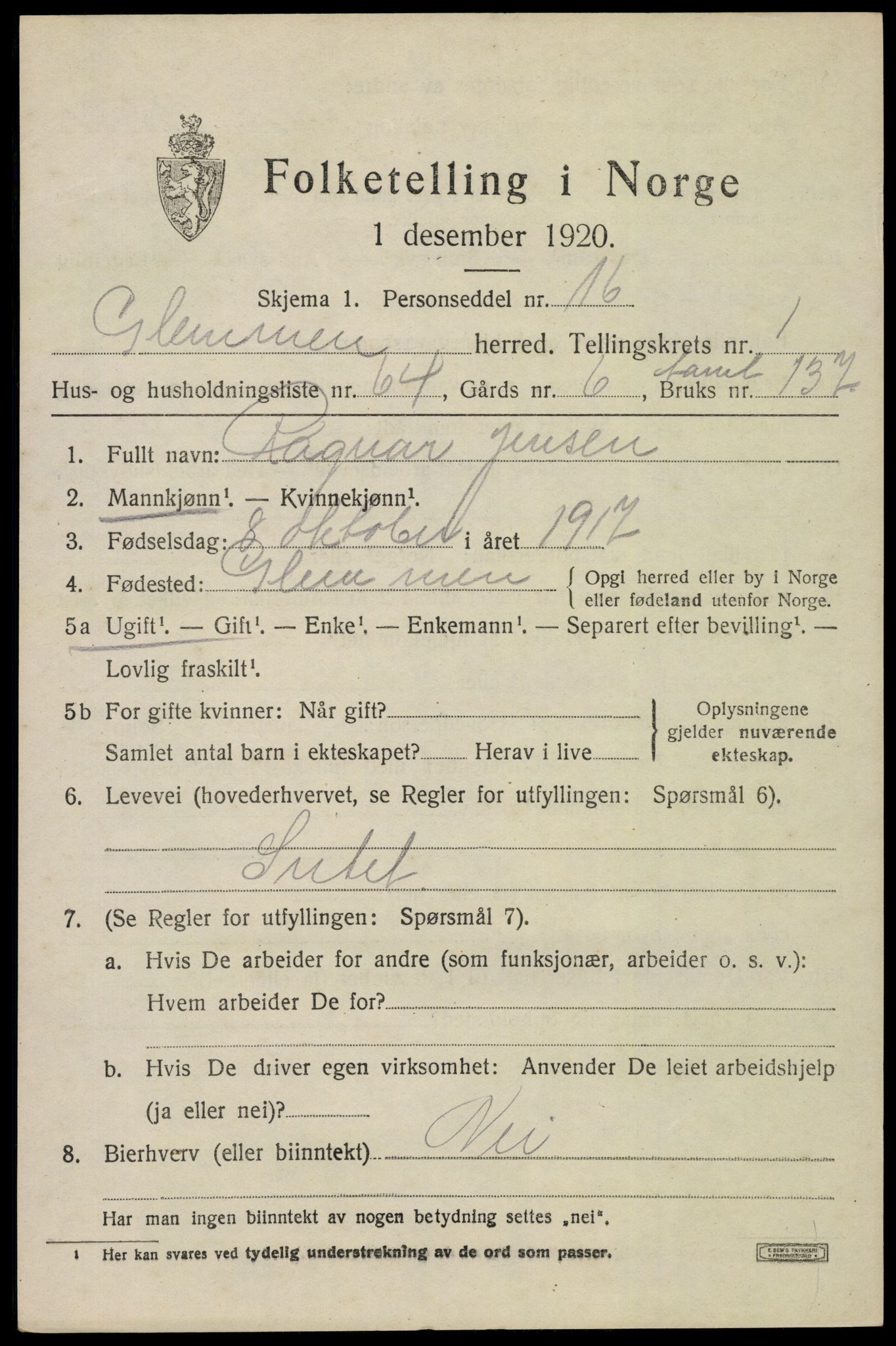 SAO, 1920 census for Glemmen, 1920, p. 4081