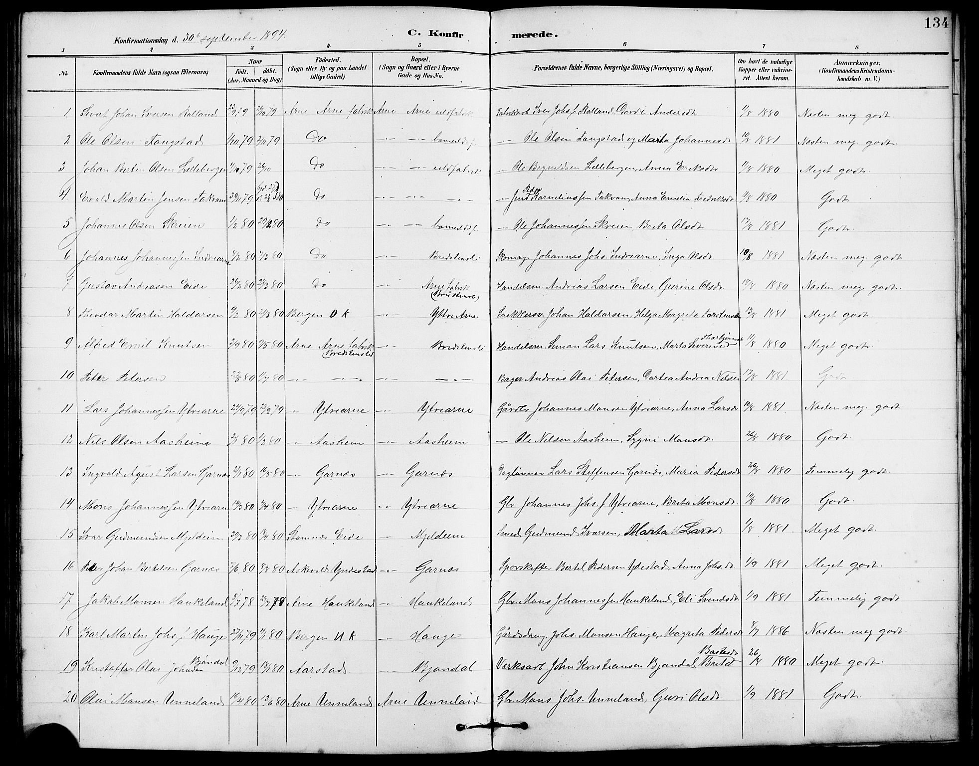 Arna Sokneprestembete, SAB/A-74001/H/Ha/Hab: Parish register (copy) no. A 3, 1887-1897, p. 134