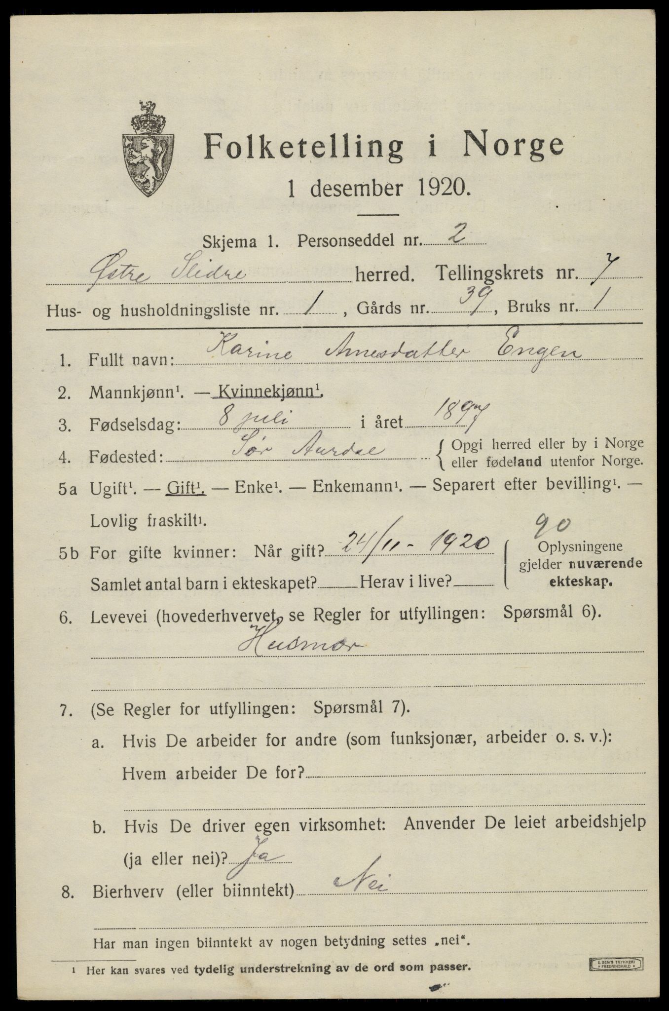 SAH, 1920 census for Øystre Slidre, 1920, p. 4017