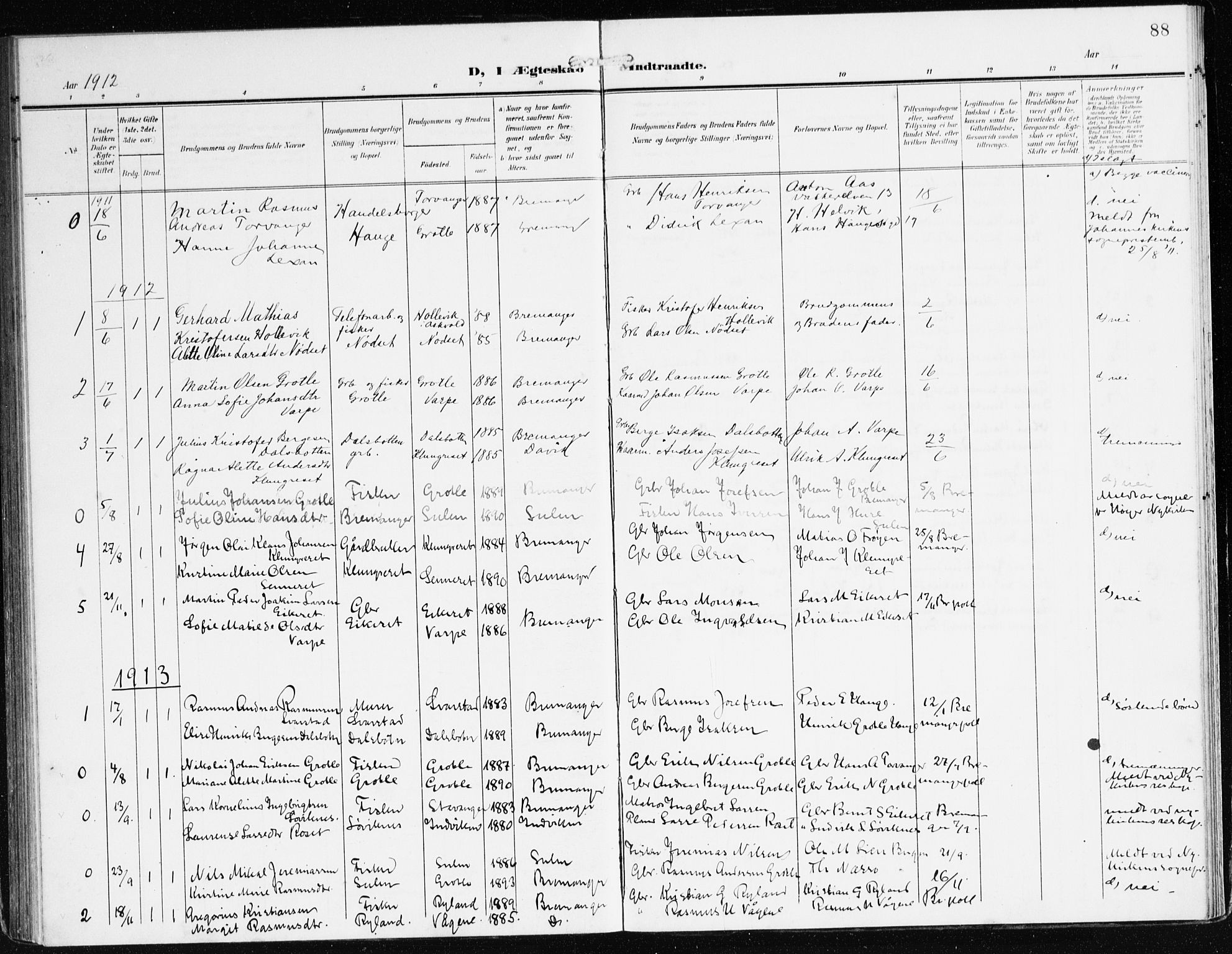 Bremanger sokneprestembete, SAB/A-82201/H/Haa/Haac/L0001: Parish register (official) no. C 1, 1908-1921, p. 88
