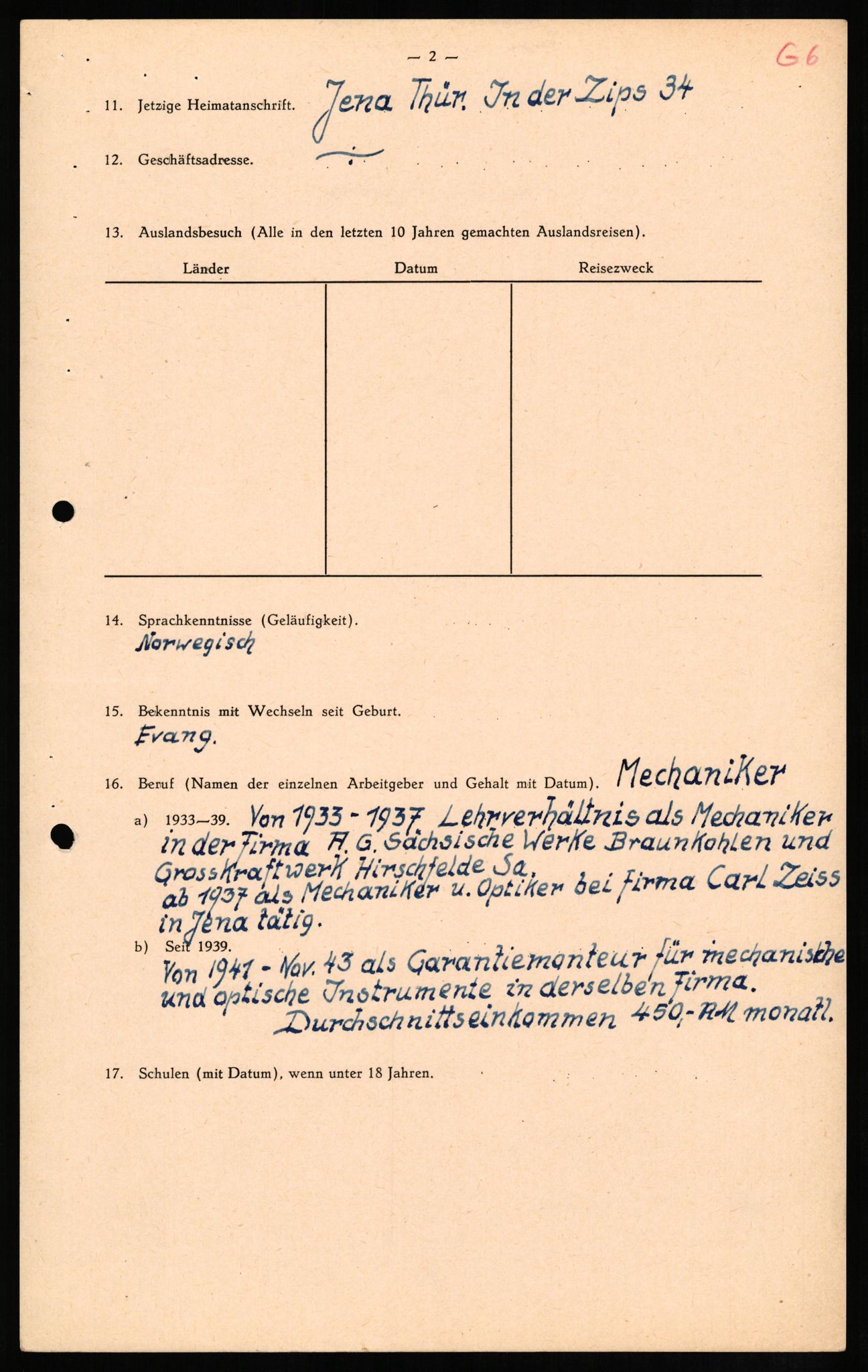 Forsvaret, Forsvarets overkommando II, RA/RAFA-3915/D/Db/L0011: CI Questionaires. Tyske okkupasjonsstyrker i Norge. Tyskere., 1945-1946, p. 16