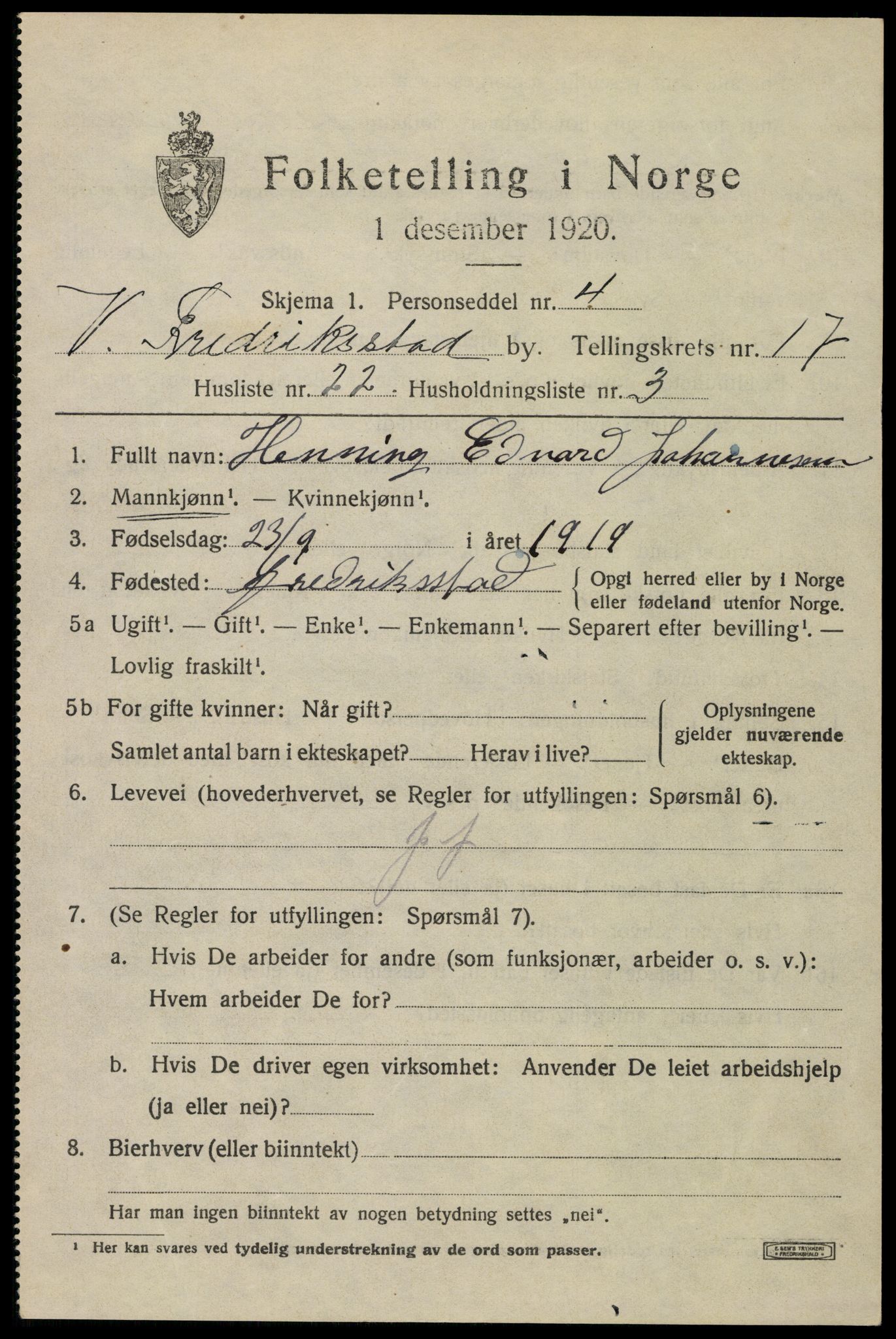 SAO, 1920 census for Fredrikstad, 1920, p. 39219