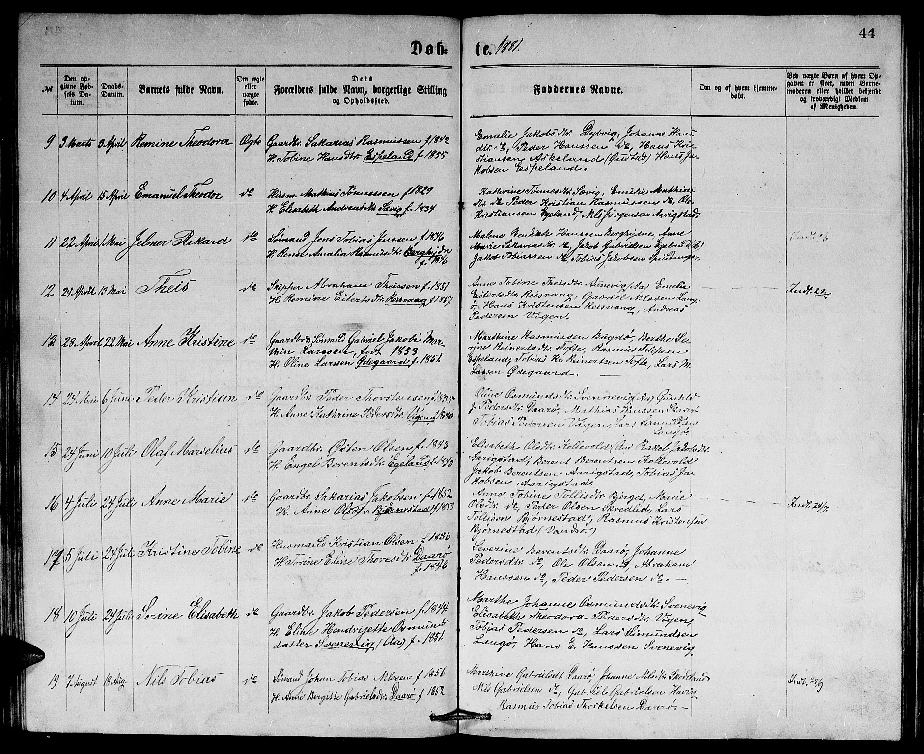 Herad sokneprestkontor, SAK/1111-0018/F/Fb/Fbb/L0003: Parish register (copy) no. B 3, 1872-1889, p. 44