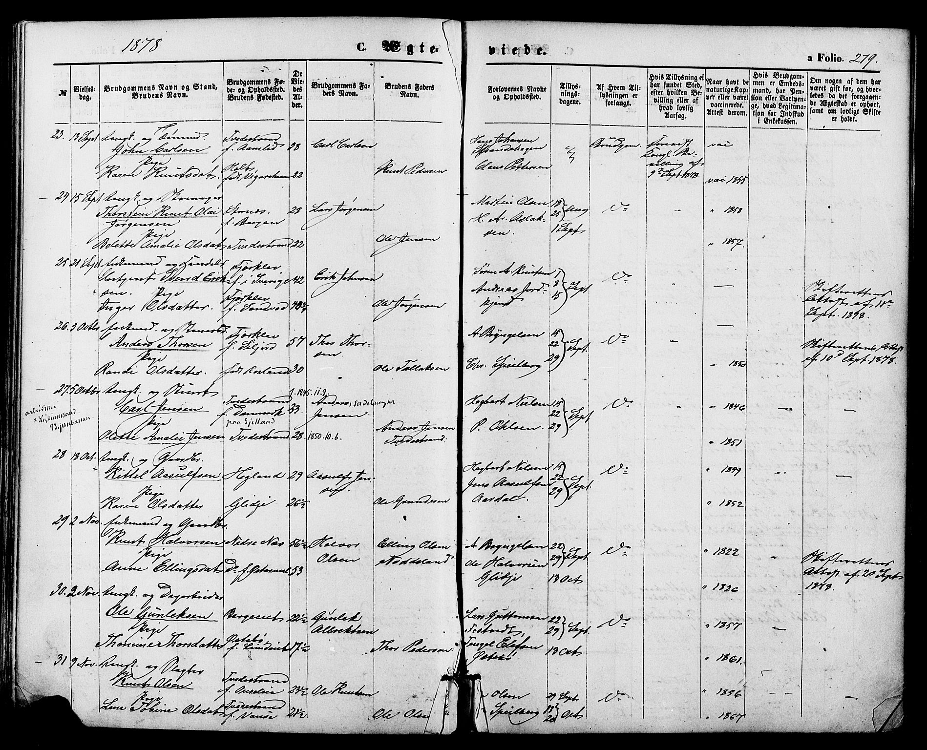 Holt sokneprestkontor, AV/SAK-1111-0021/F/Fa/L0010: Parish register (official) no. A 10, 1872-1885, p. 279