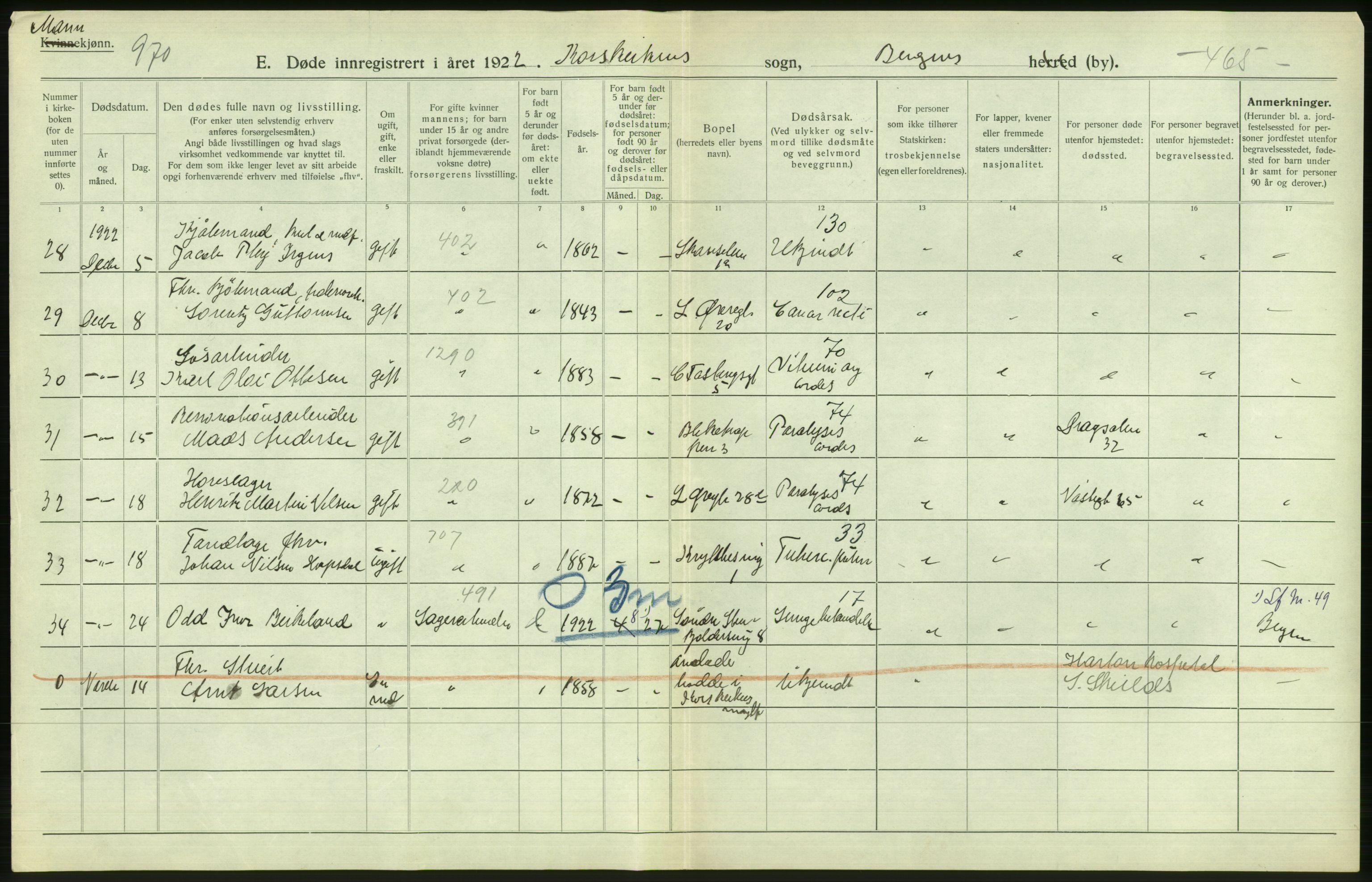 Statistisk sentralbyrå, Sosiodemografiske emner, Befolkning, AV/RA-S-2228/D/Df/Dfc/Dfcb/L0030: Bergen: Gifte, døde, dødfødte., 1922, p. 696