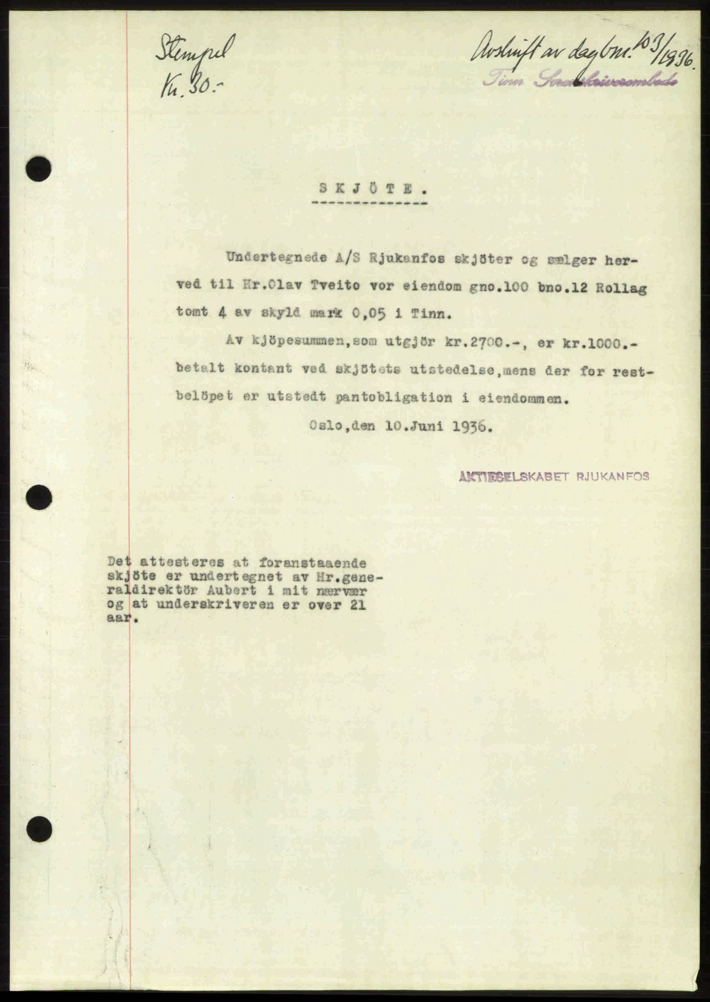 Tinn sorenskriveri, AV/SAKO-A-210/G/Ga/L0004: Mortgage book no. 5, 1936-1937, Diary no: : 103/1936