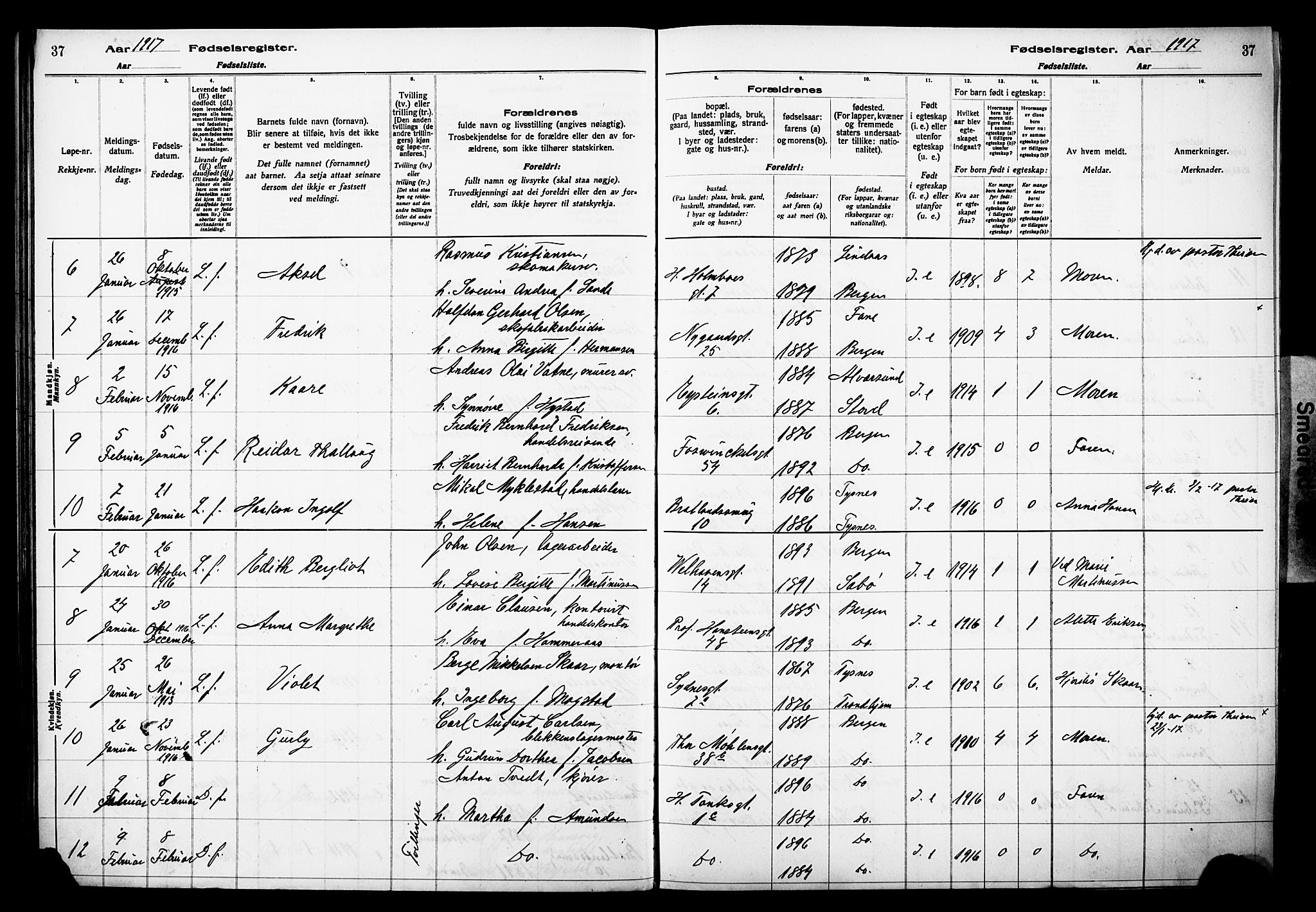 Johanneskirken sokneprestembete, AV/SAB-A-76001/I/Id/L00A1: Birth register no. A 1, 1916-1924, p. 37