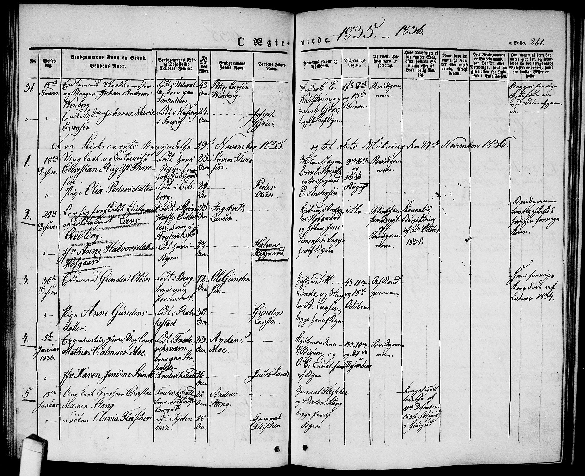 Halden prestekontor Kirkebøker, SAO/A-10909/G/Ga/L0003: Parish register (copy) no. 3, 1834-1844, p. 261