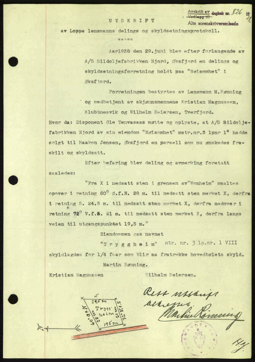 Alta fogderi/sorenskriveri, SATØ/SATØ-5/1/K/Kd/L0031pantebok: Mortgage book no. 31, 1938-1939, Diary no: : 826/1938