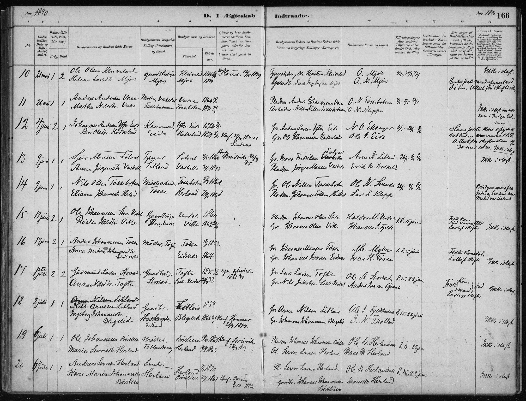 Hosanger sokneprestembete, AV/SAB-A-75801/H/Haa: Parish register (official) no. B  1, 1880-1896, p. 166