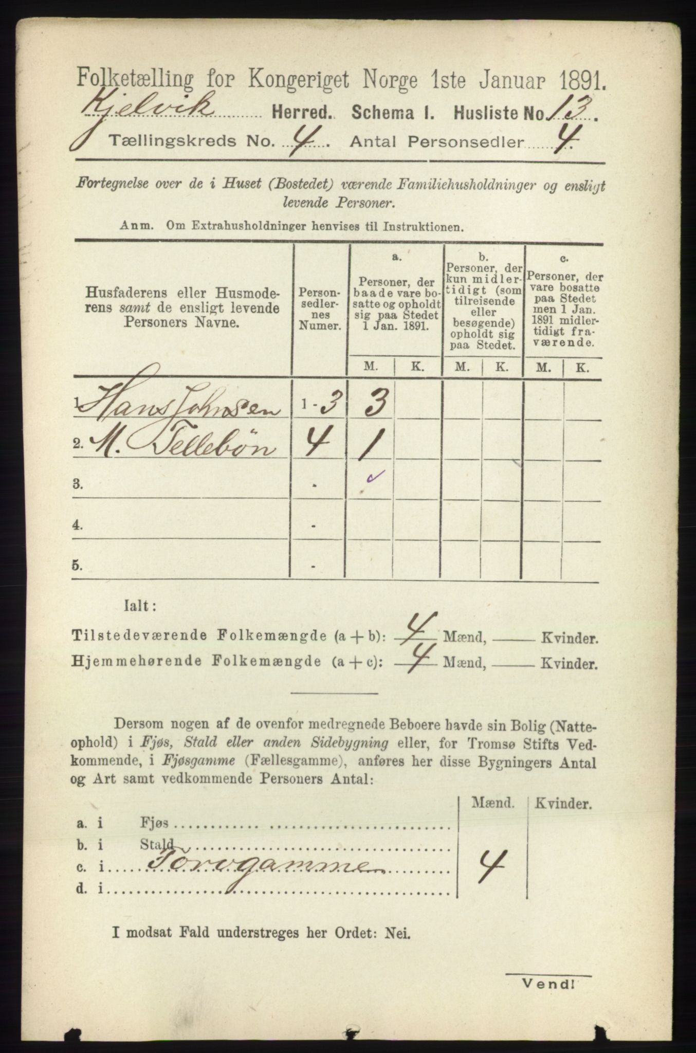 RA, 1891 census for 2019 Kjelvik, 1891, p. 419