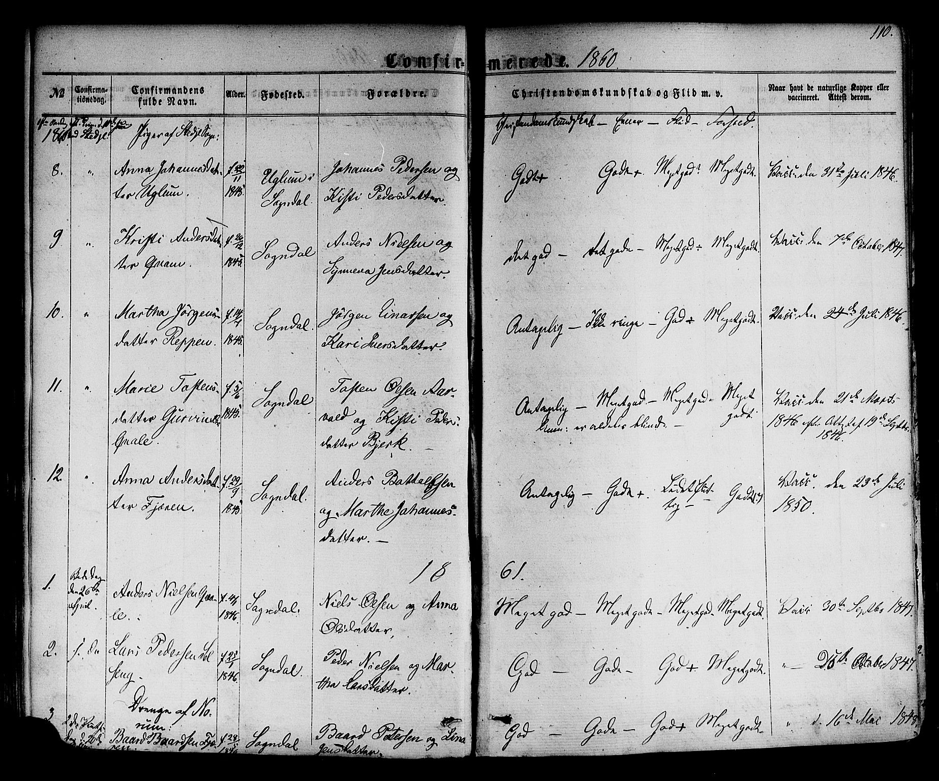 Sogndal sokneprestembete, AV/SAB-A-81301/H/Haa/Haaa/L0013: Parish register (official) no. A 13, 1859-1877, p. 110