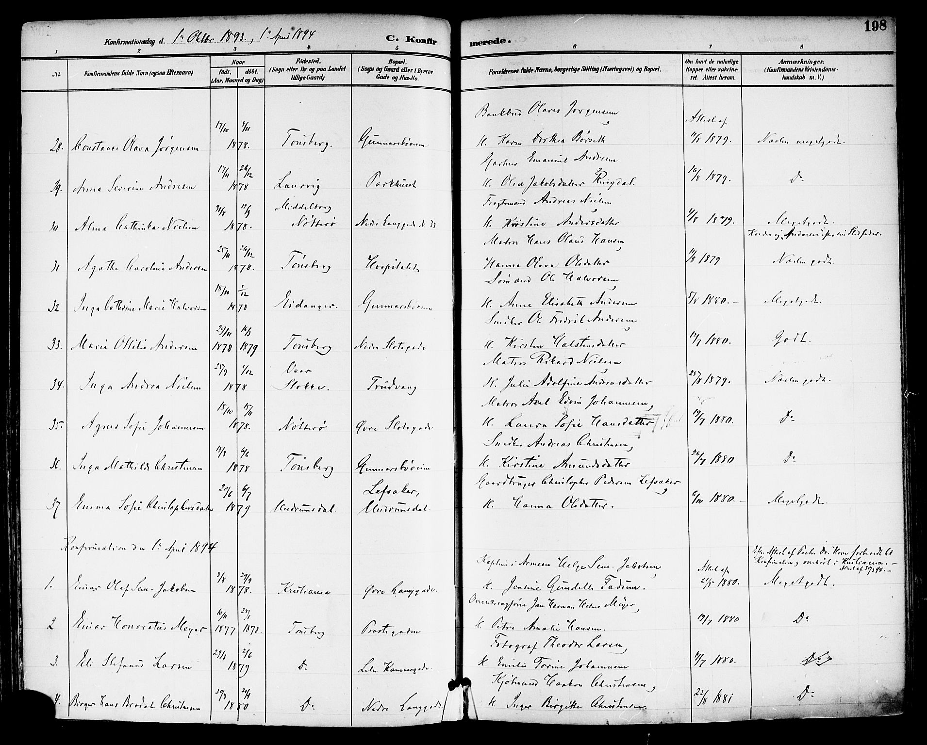 Tønsberg kirkebøker, SAKO/A-330/F/Fa/L0012: Parish register (official) no. I 12, 1891-1899, p. 198