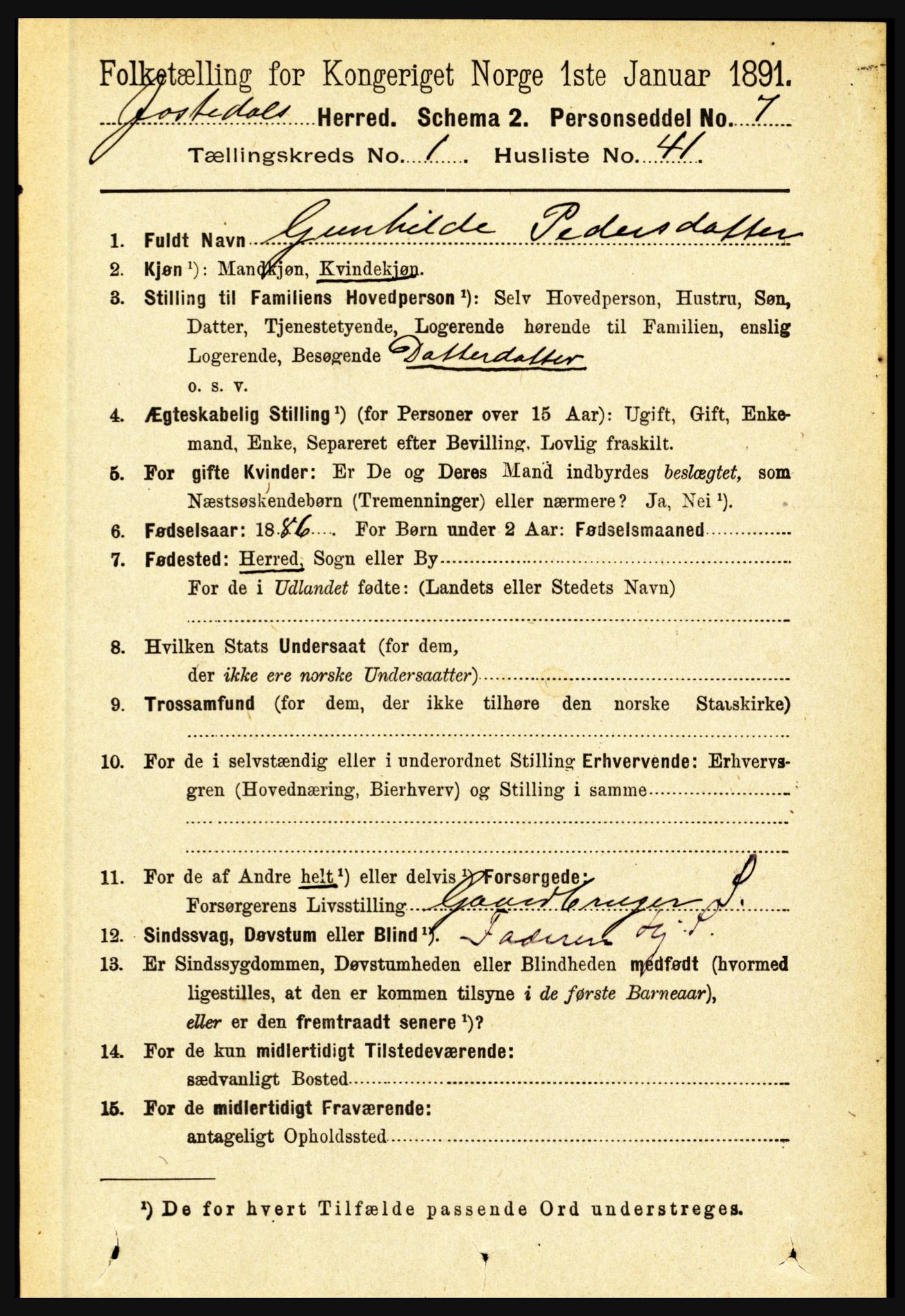 RA, 1891 census for 1427 Jostedal, 1891, p. 382