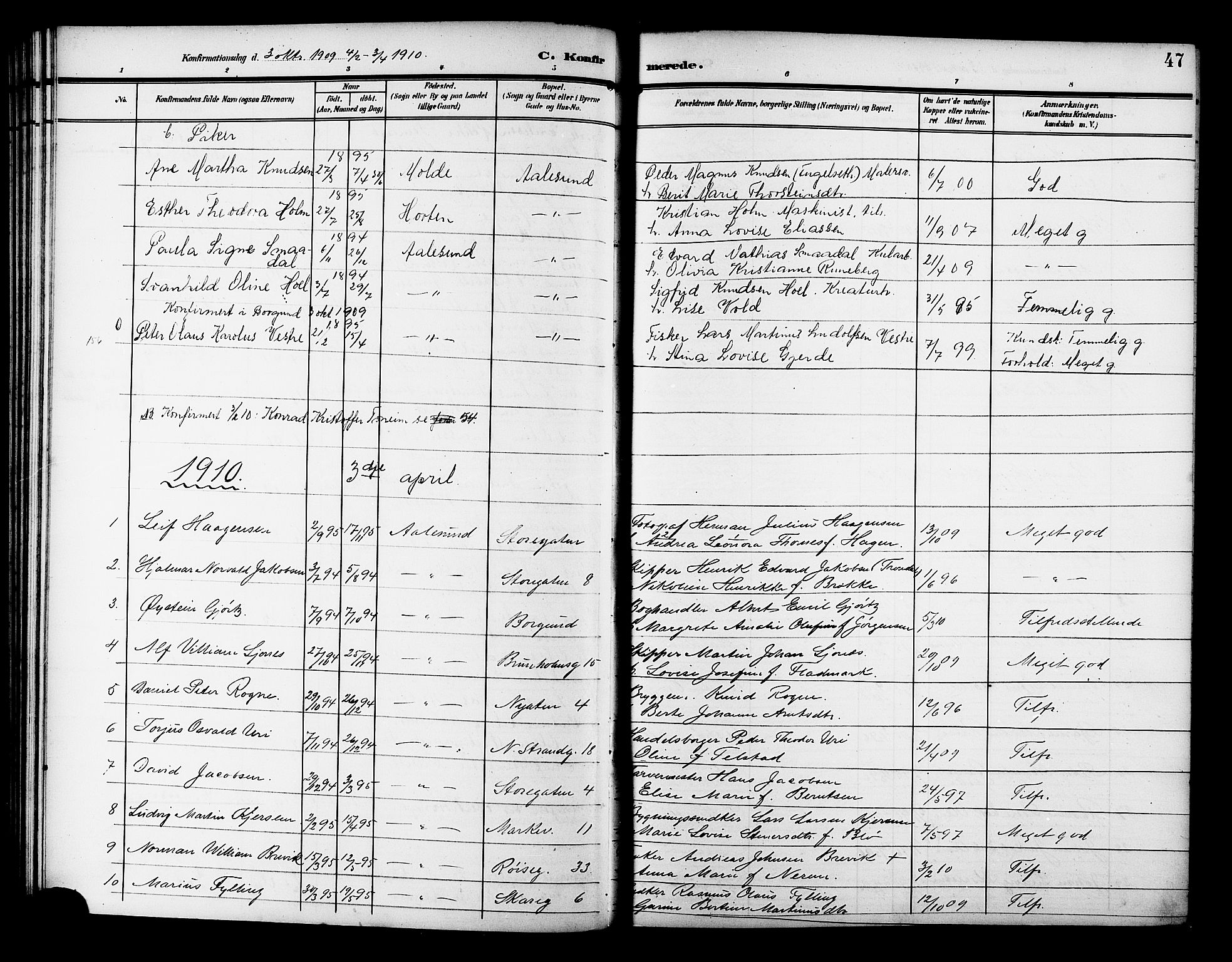 Ministerialprotokoller, klokkerbøker og fødselsregistre - Møre og Romsdal, AV/SAT-A-1454/529/L0470: Parish register (copy) no. 529C07, 1907-1917, p. 47