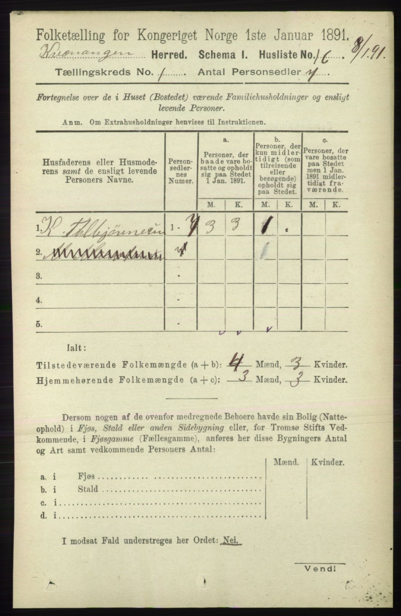 RA, 1891 census for 1943 Kvænangen, 1891, p. 29