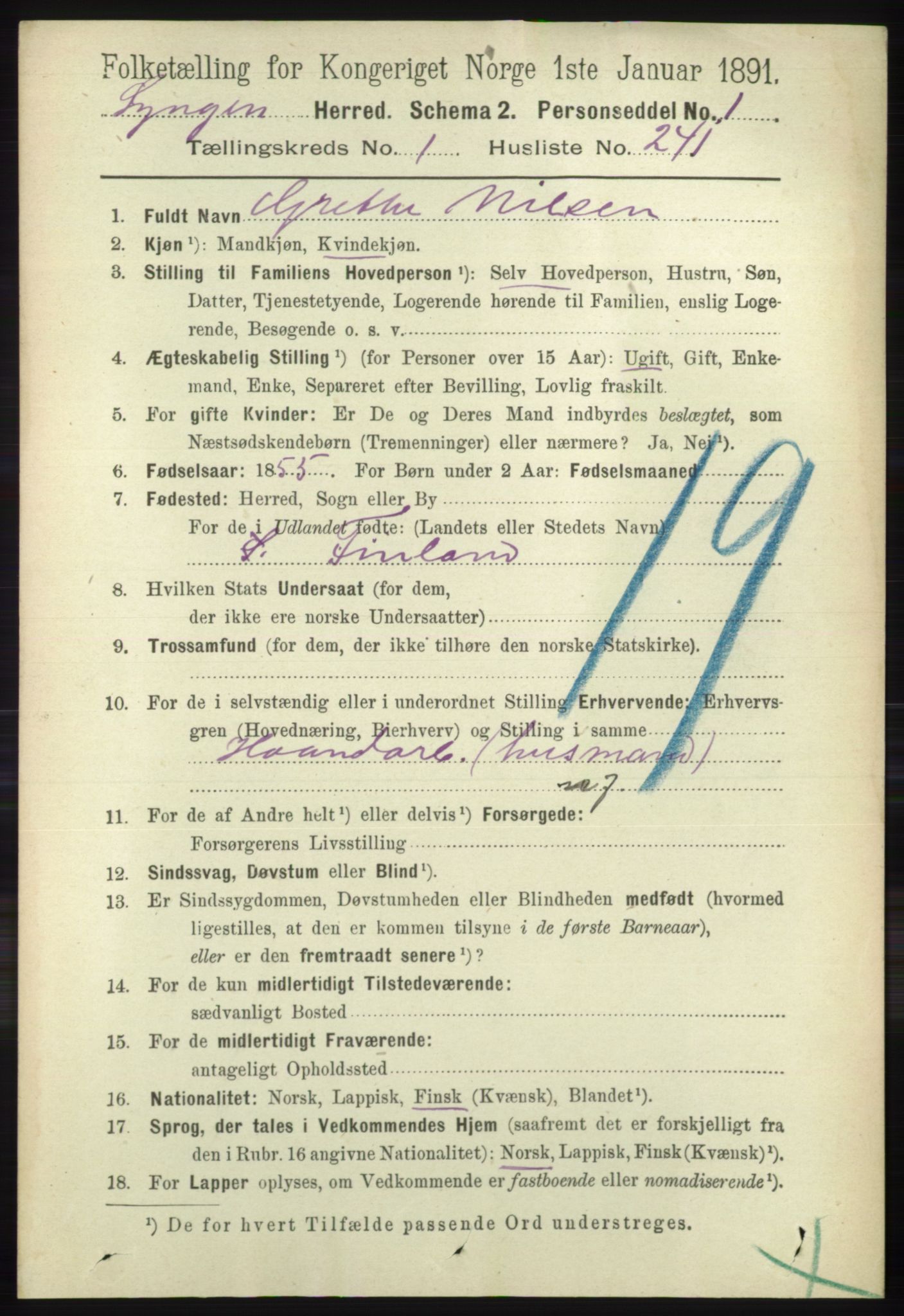 RA, 1891 census for 1938 Lyngen, 1891, p. 1888