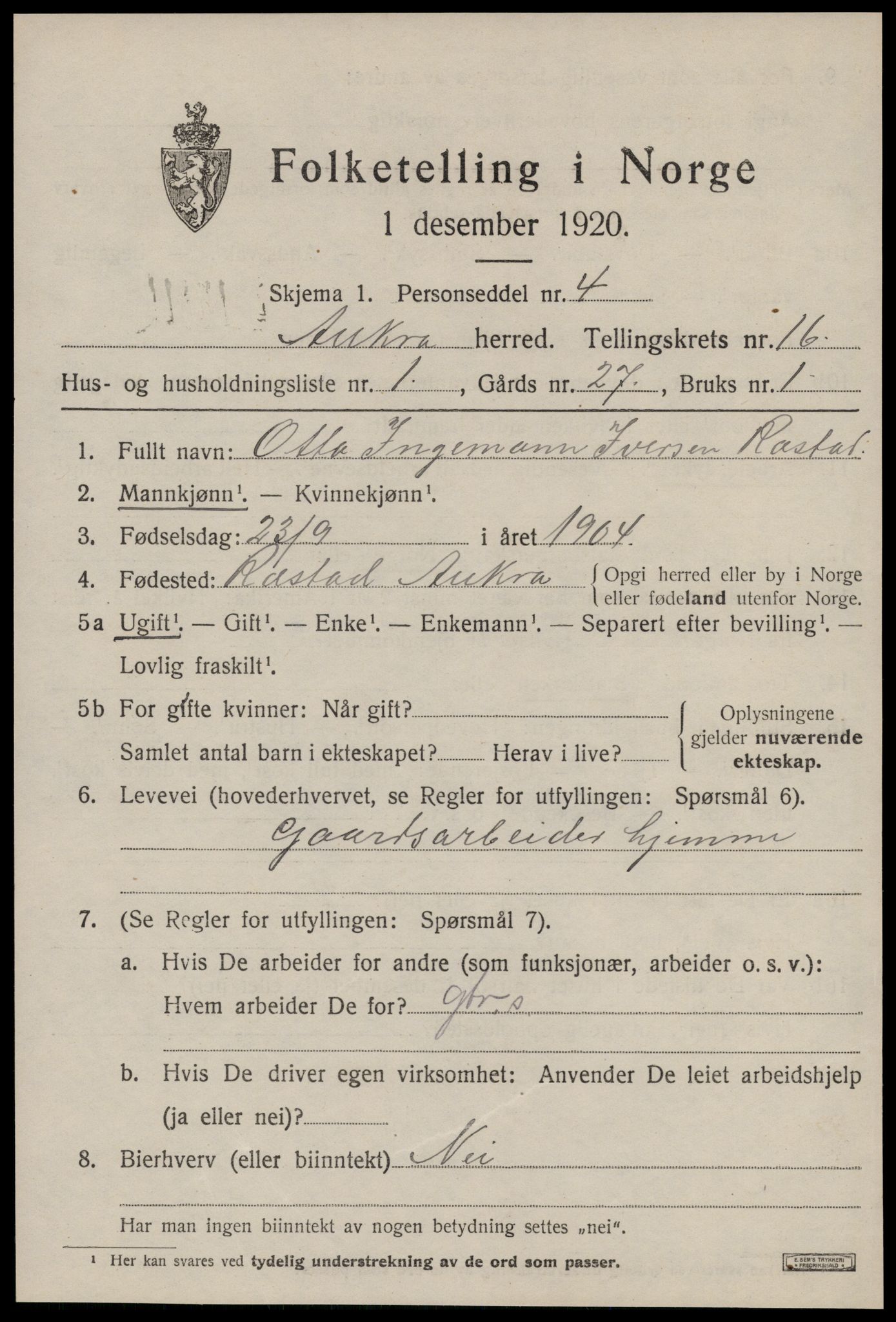 SAT, 1920 census for Aukra, 1920, p. 6939