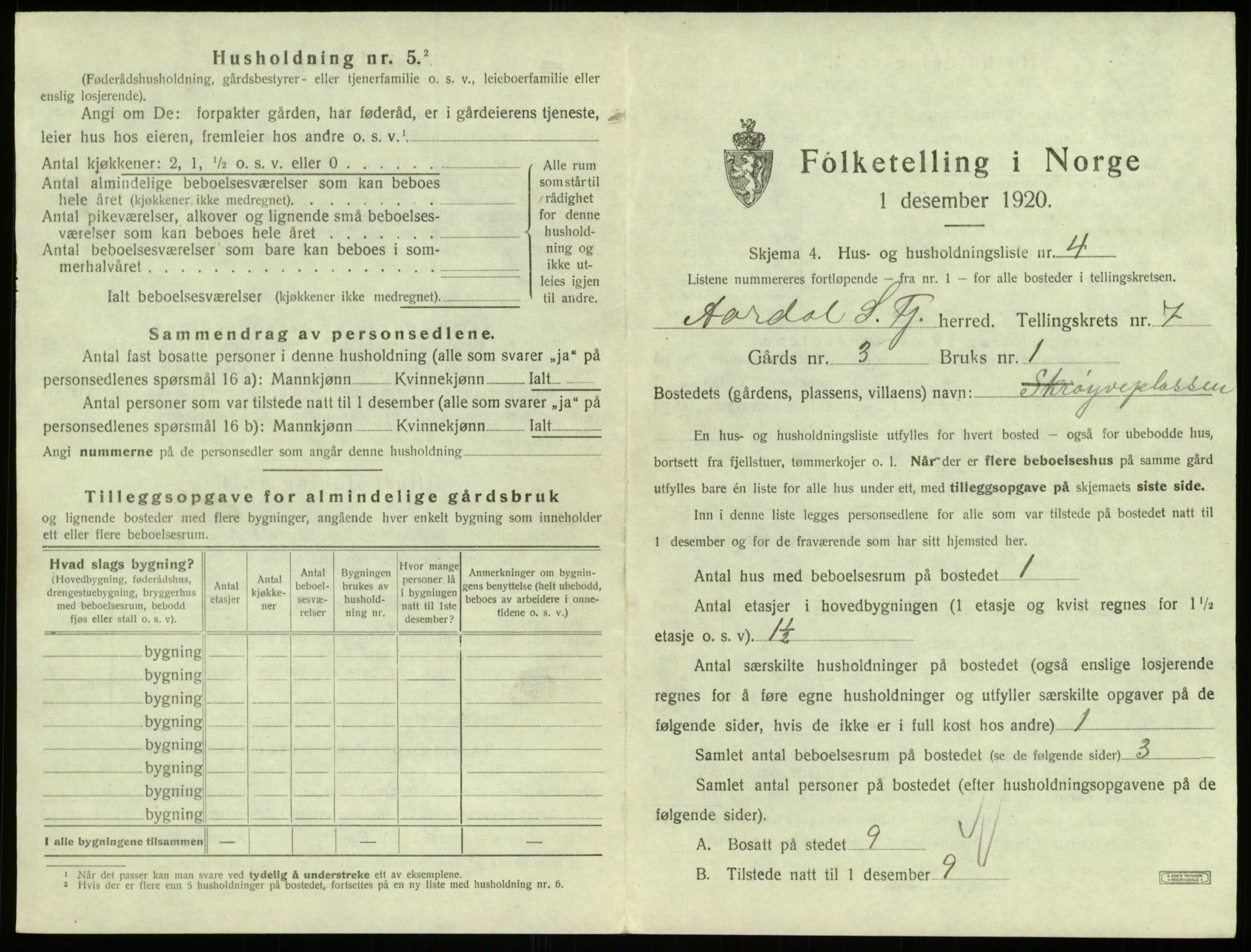 SAB, 1920 census for Årdal, 1920, p. 450