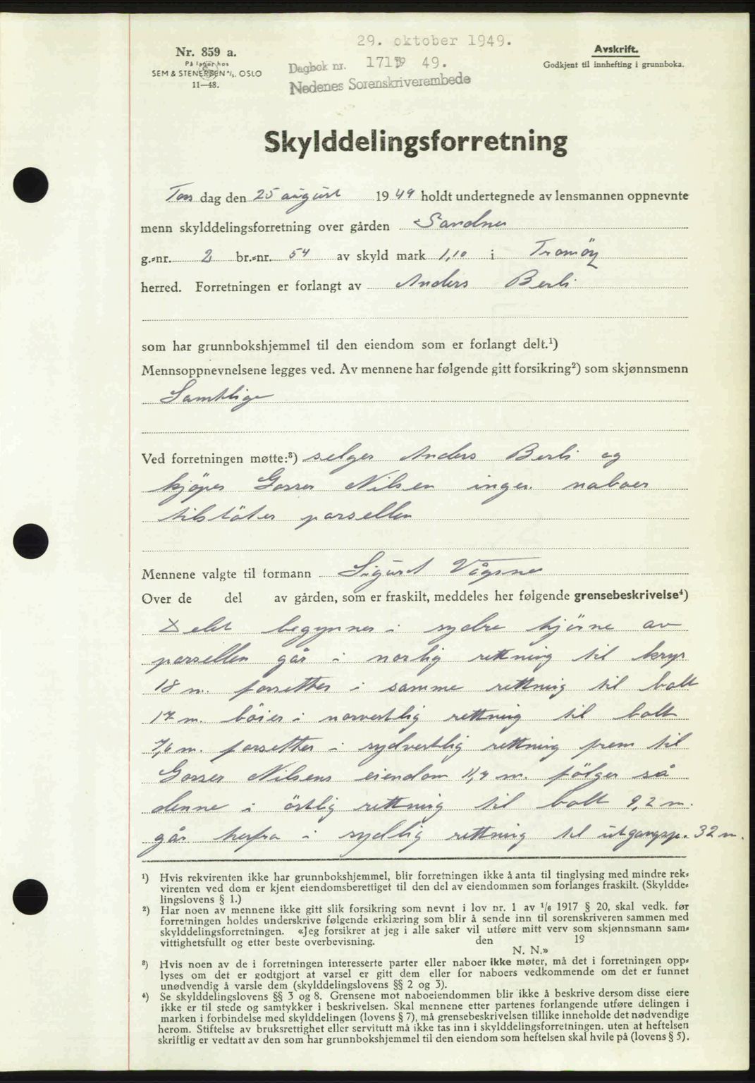 Nedenes sorenskriveri, SAK/1221-0006/G/Gb/Gba/L0061: Mortgage book no. A13, 1949-1949, Diary no: : 1713/1949