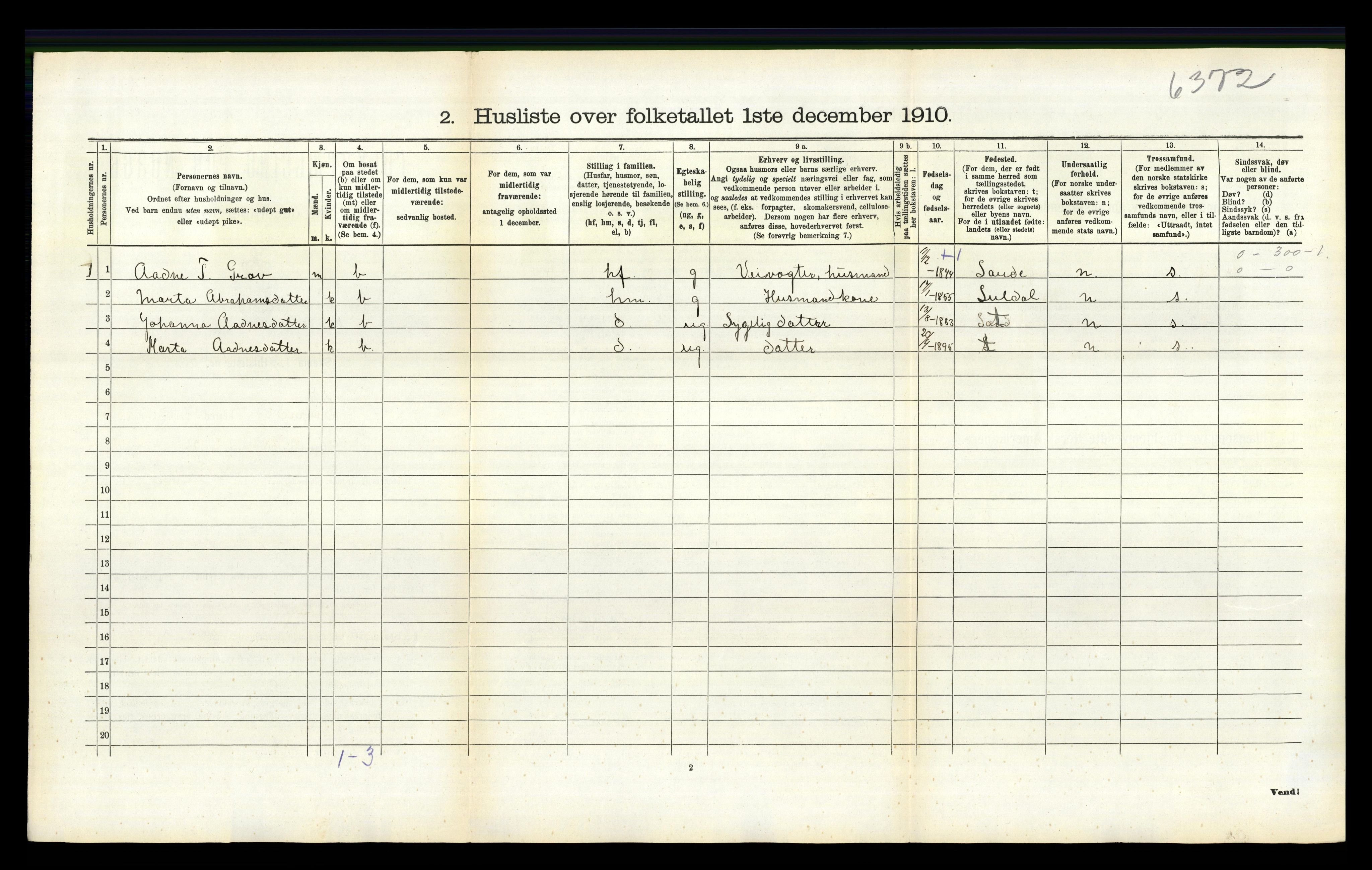 RA, 1910 census for Sand, 1910, p. 252