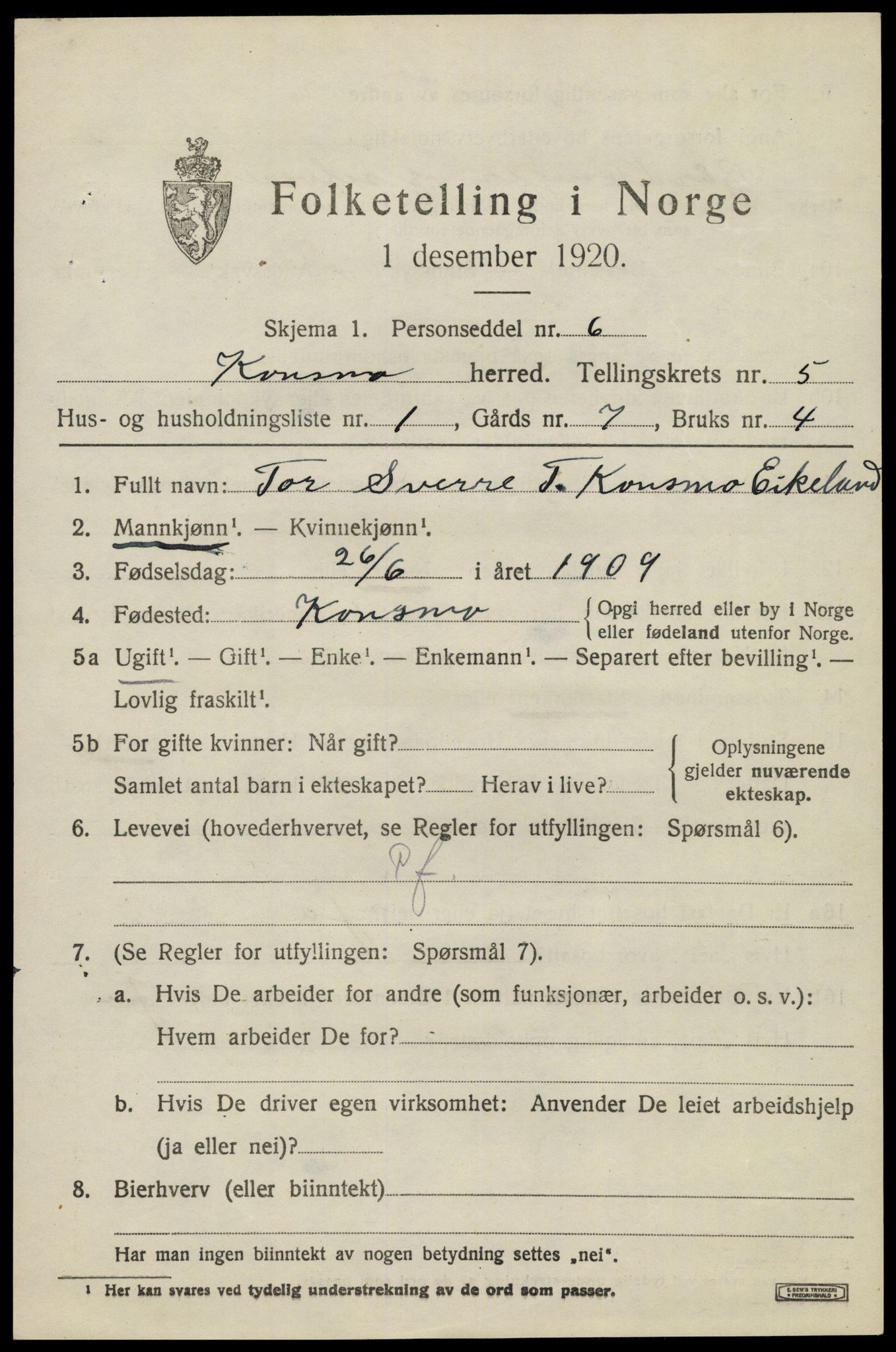 SAK, 1920 census for Konsmo, 1920, p. 1274