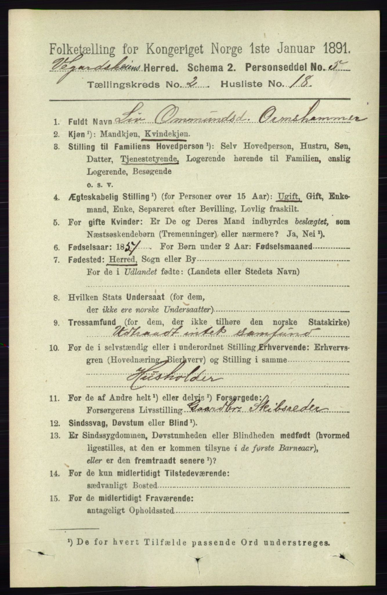 RA, 1891 census for 0912 Vegårshei, 1891, p. 516