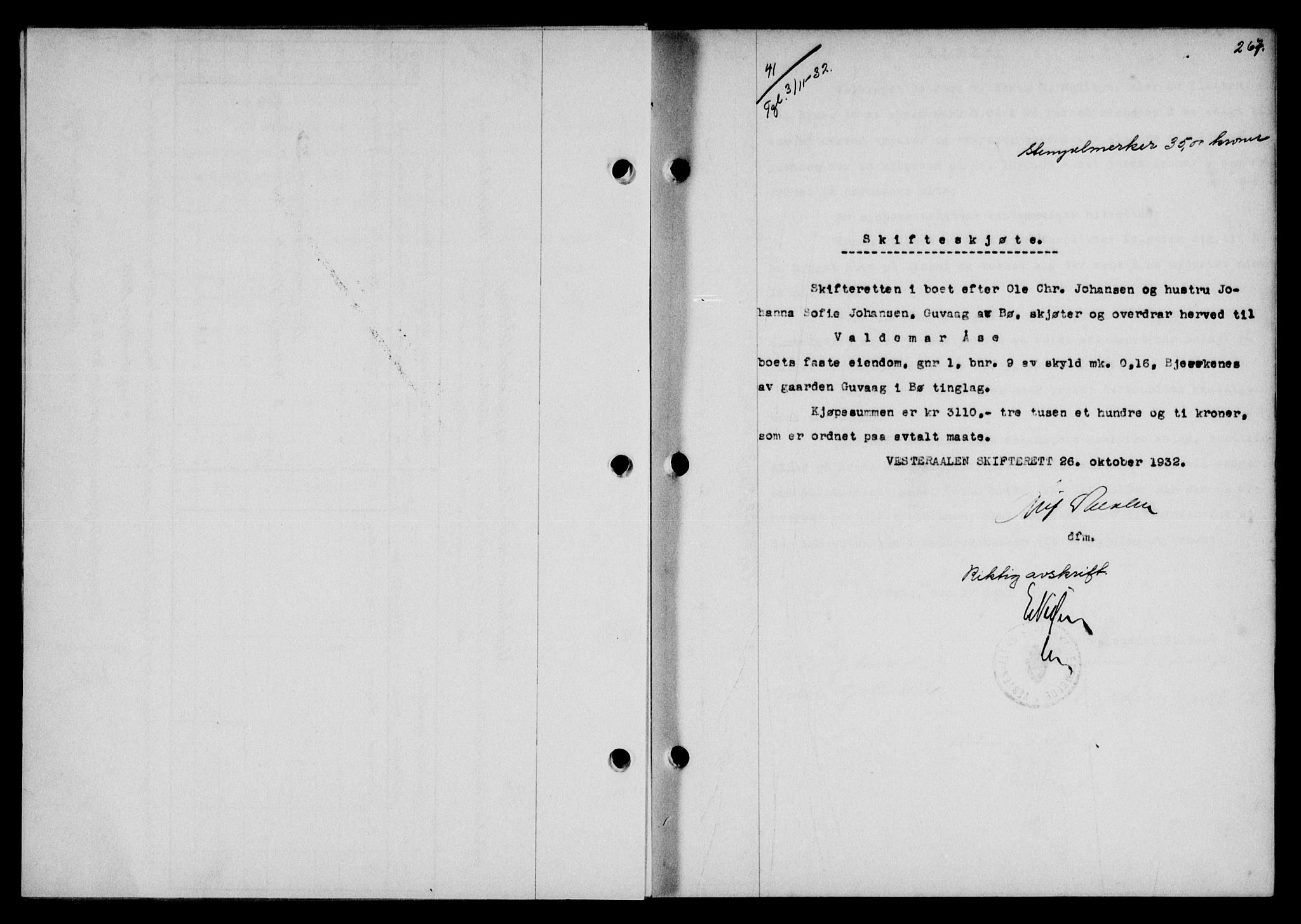 Vesterålen sorenskriveri, AV/SAT-A-4180/1/2/2Ca/L0056: Mortgage book no. 49, 1932-1933, Deed date: 03.11.1932