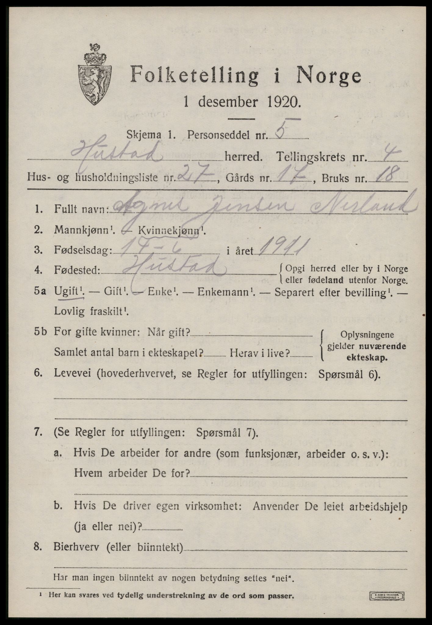 SAT, 1920 census for Hustad, 1920, p. 3243