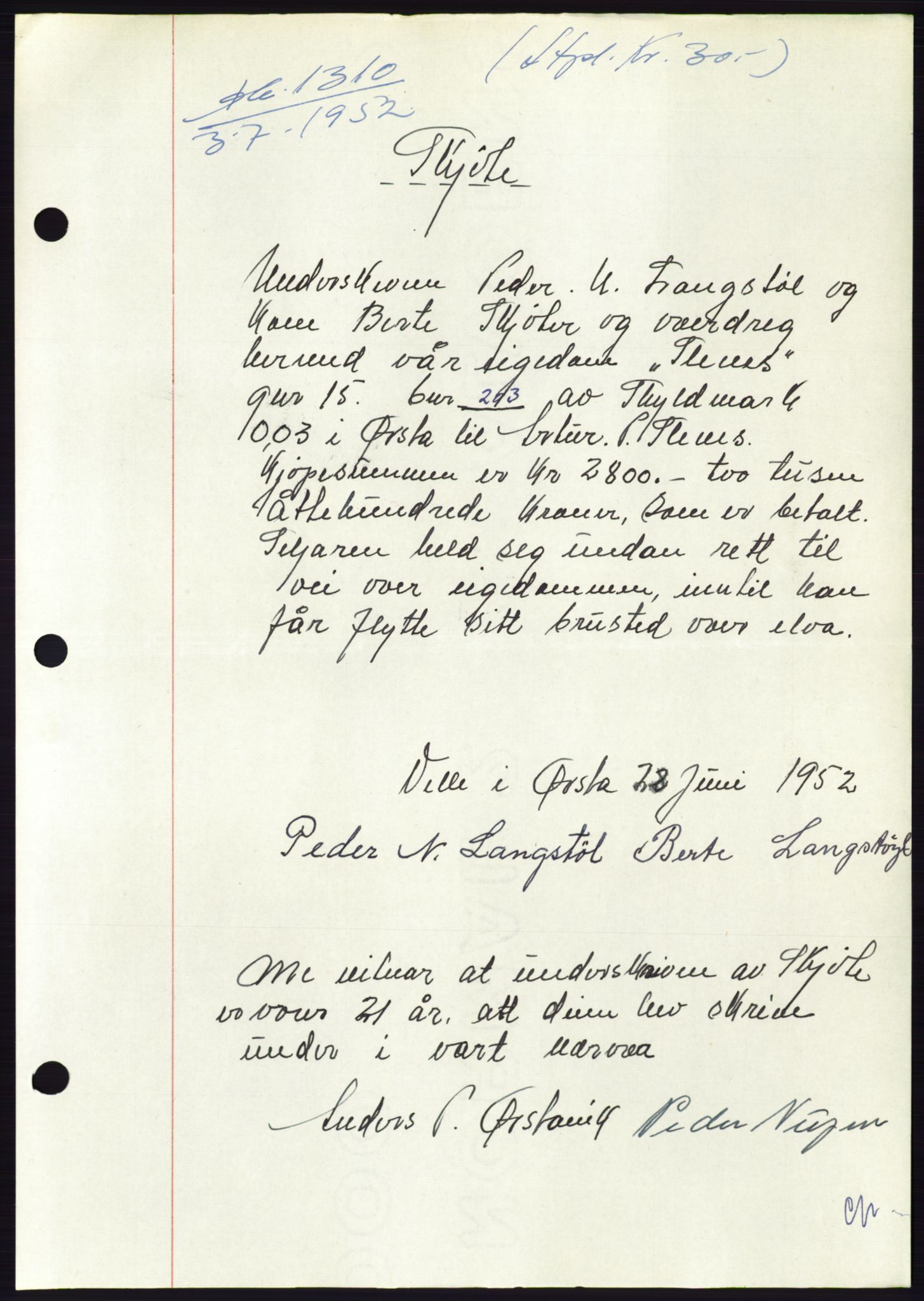 Søre Sunnmøre sorenskriveri, AV/SAT-A-4122/1/2/2C/L0092: Mortgage book no. 18A, 1952-1952, Diary no: : 1310/1952