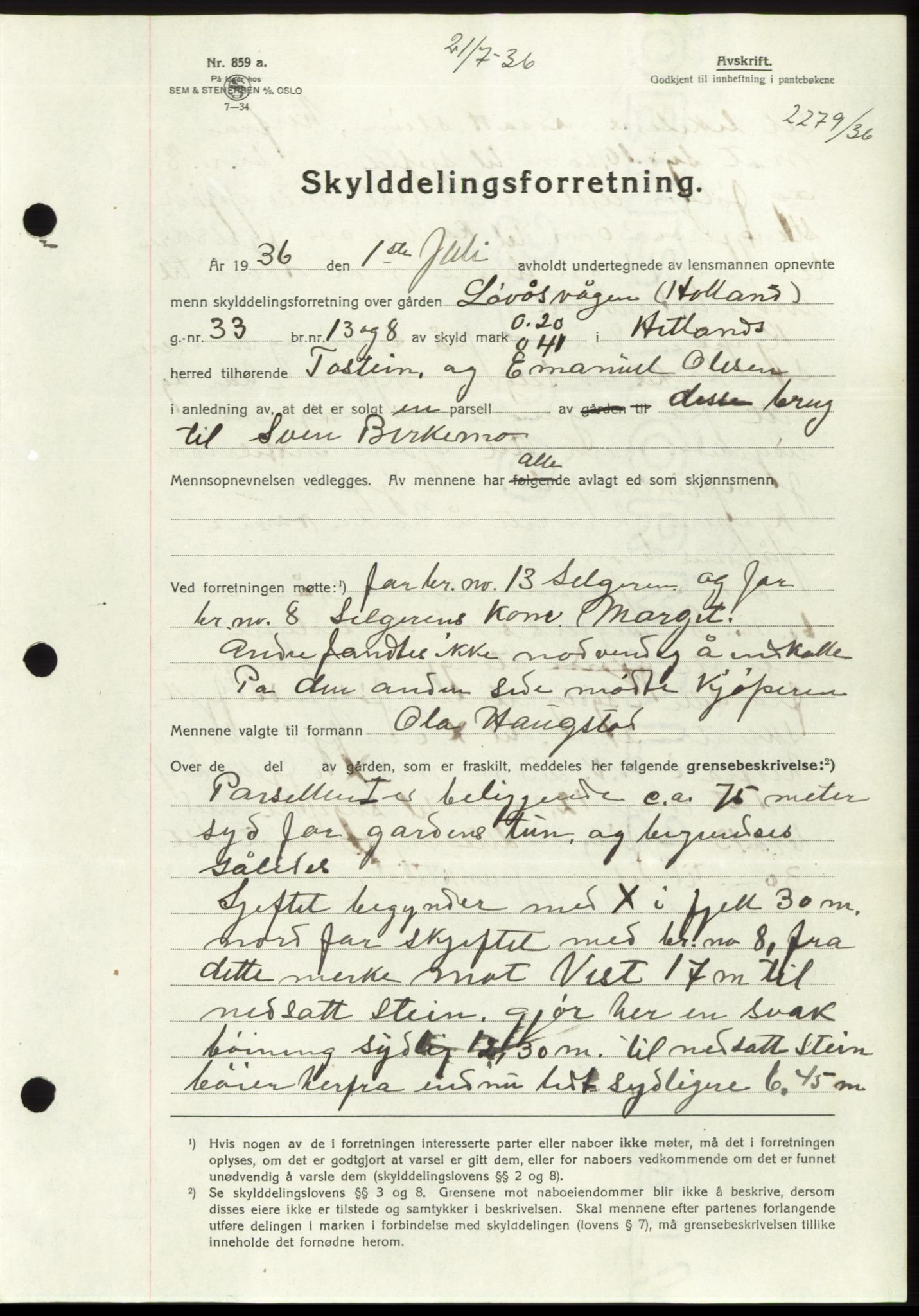 Jæren sorenskriveri, AV/SAST-A-100310/03/G/Gba/L0066: Mortgage book no. 71-72, 1936-1936, Diary no: : 2279/1936