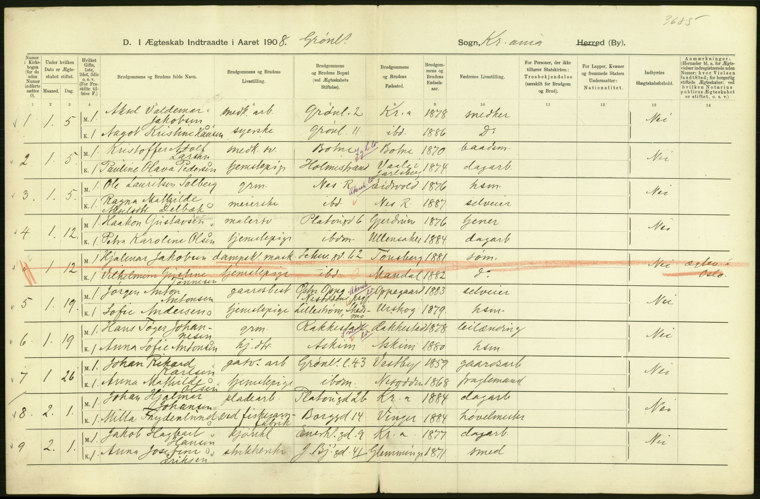 Statistisk sentralbyrå, Sosiodemografiske emner, Befolkning, AV/RA-S-2228/D/Df/Dfa/Dfaf/L0007: Kristiania: Gifte, 1908, p. 98